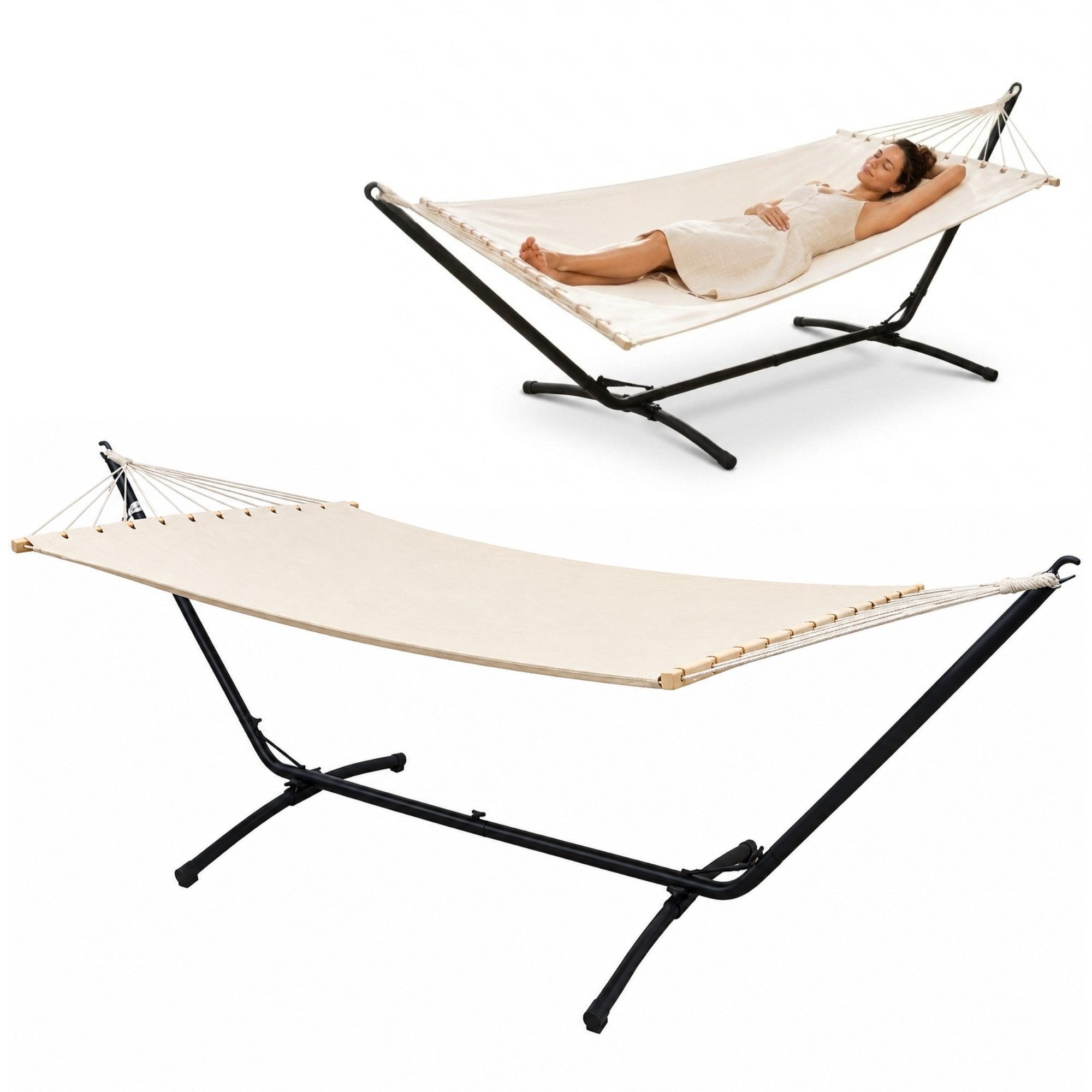 AMANKA Hängematte mit Gestell - 200 x 120 cm Doppelhängematte für 2 Personen - Baumwolle, XL Stabhängematte - Outdoor Relaxliege für Garten, Terrasse und Balkon