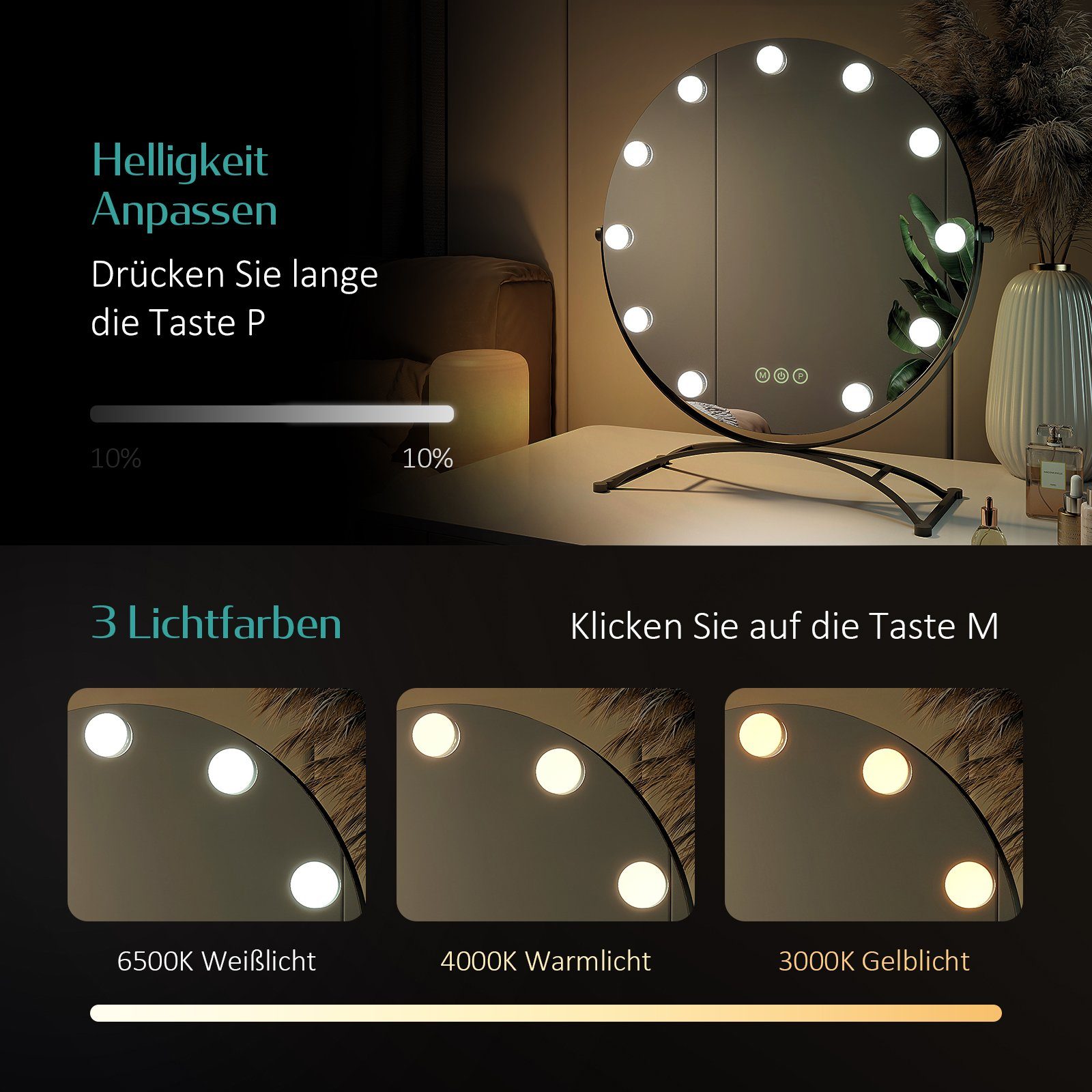 Runder Kosmetikspiegel 3 Lichtfarben,Dimmbar,7 mit Beleuchtung Vergrößerungsspiegel,360° Drehbar x Spiegel Schminkspiegel Tischspiegel, Hollywood Schwarz EMKE