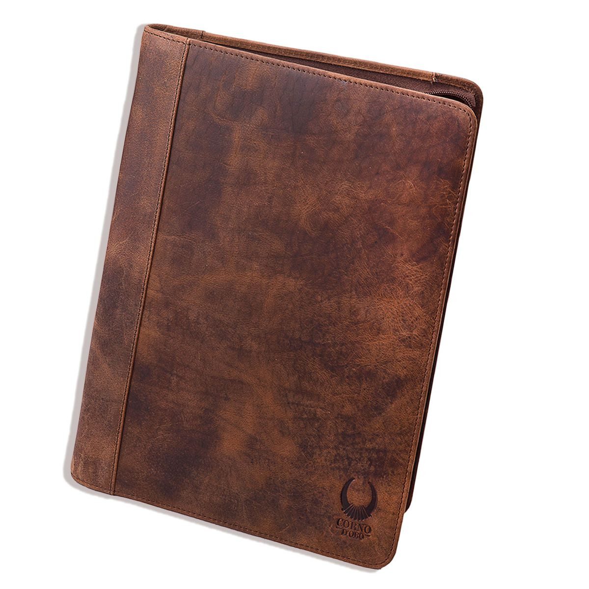 Corno d´Oro Aktenmappe für bis 12 Zoll Tablet iPad Handmade Schreibmappe A4 Leder Braun, Konferenzmappe mit Reißverschluss, RFID Schutz, im Geschenkbox