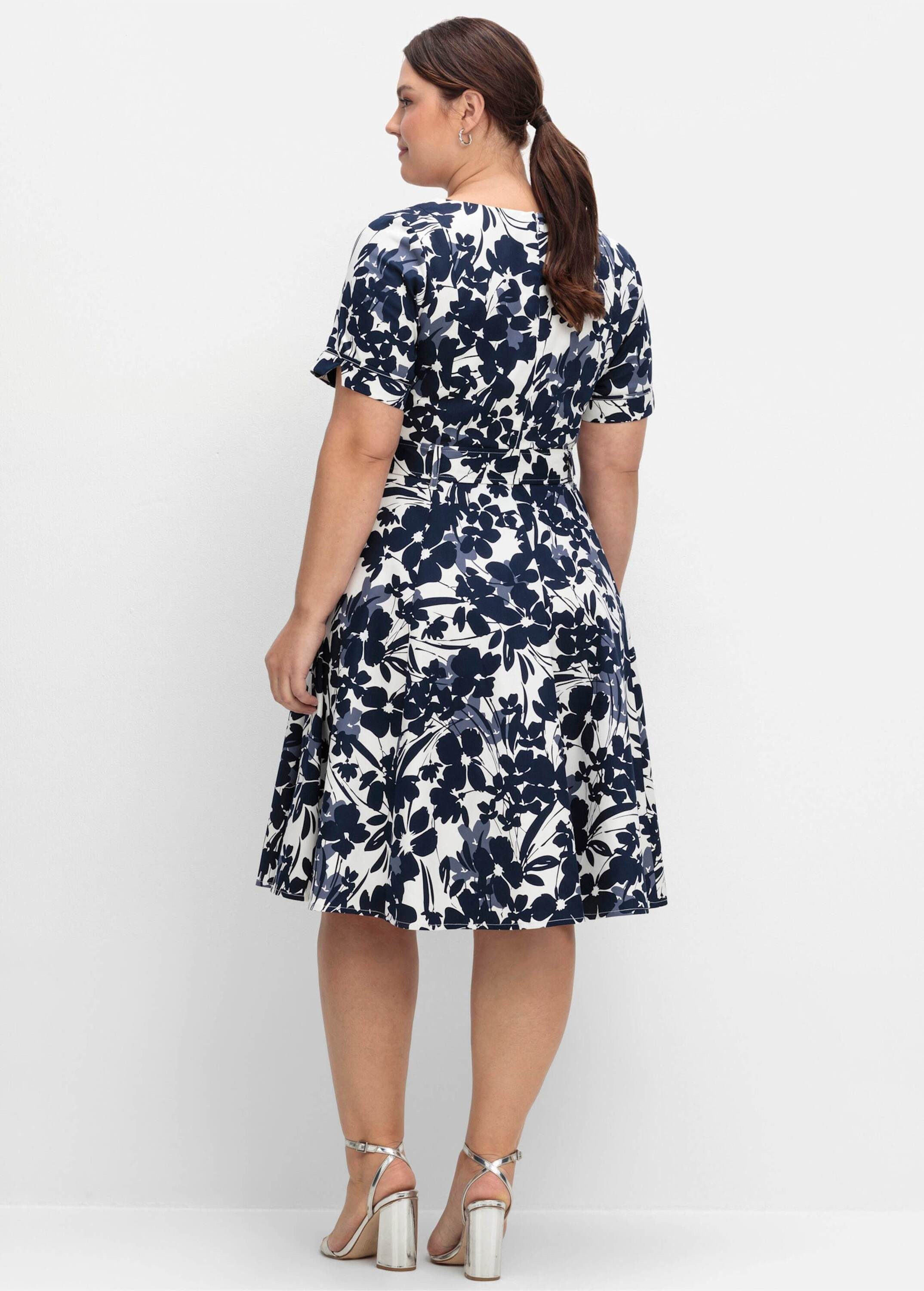 Sheego Etuikleid Abendkleid Kurzarm mit Blumenprint und Stoffgürtel günstig online kaufen
