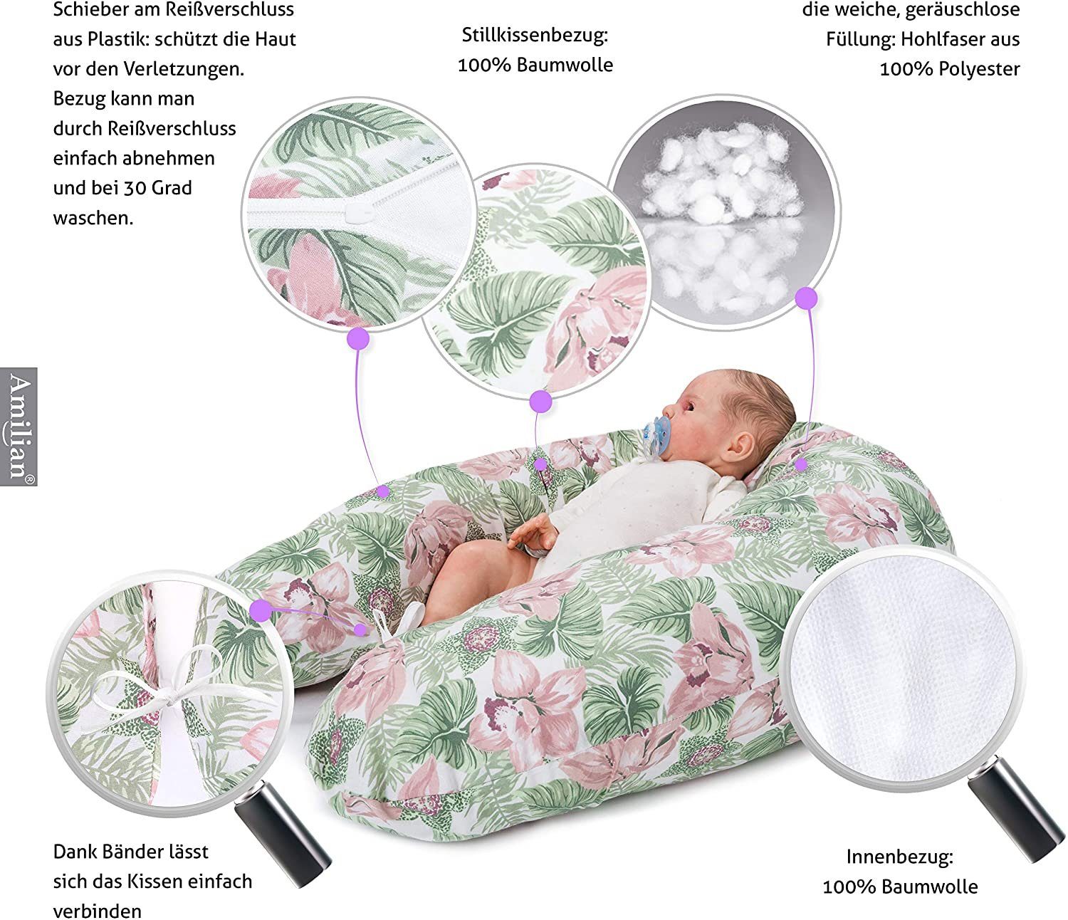 Klematis Füllung Stillkissen Schwangerschaftskissen cm (Made Lagerungskissen, mit Schlafen, zum 170 in Amilian Seitenschläferkissen, EU), Stillkissen