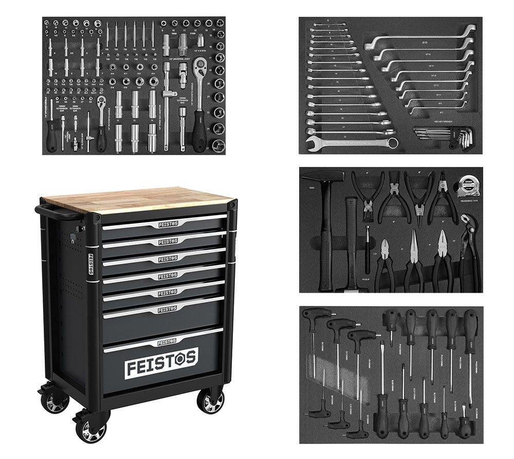 FEISTOS Werkbank Mento 2, (1-tlg), 4 Werkzeugsets, 158 Teile, Zentralverriegelung, LxBxH 48x73x97 cm