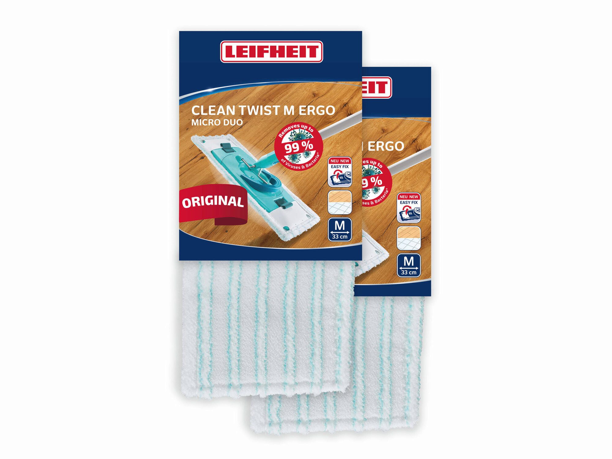 Leifheit 2er Set Wischbezug CLEAN TWIST M Ergo / POWER CLEAN M micro duo Wischbezug (Mikrofaser, 15.0x37.0 cm, 2-tlg., Waschbar bei 60°C, Wischbreite 33cm, für alle Böden)