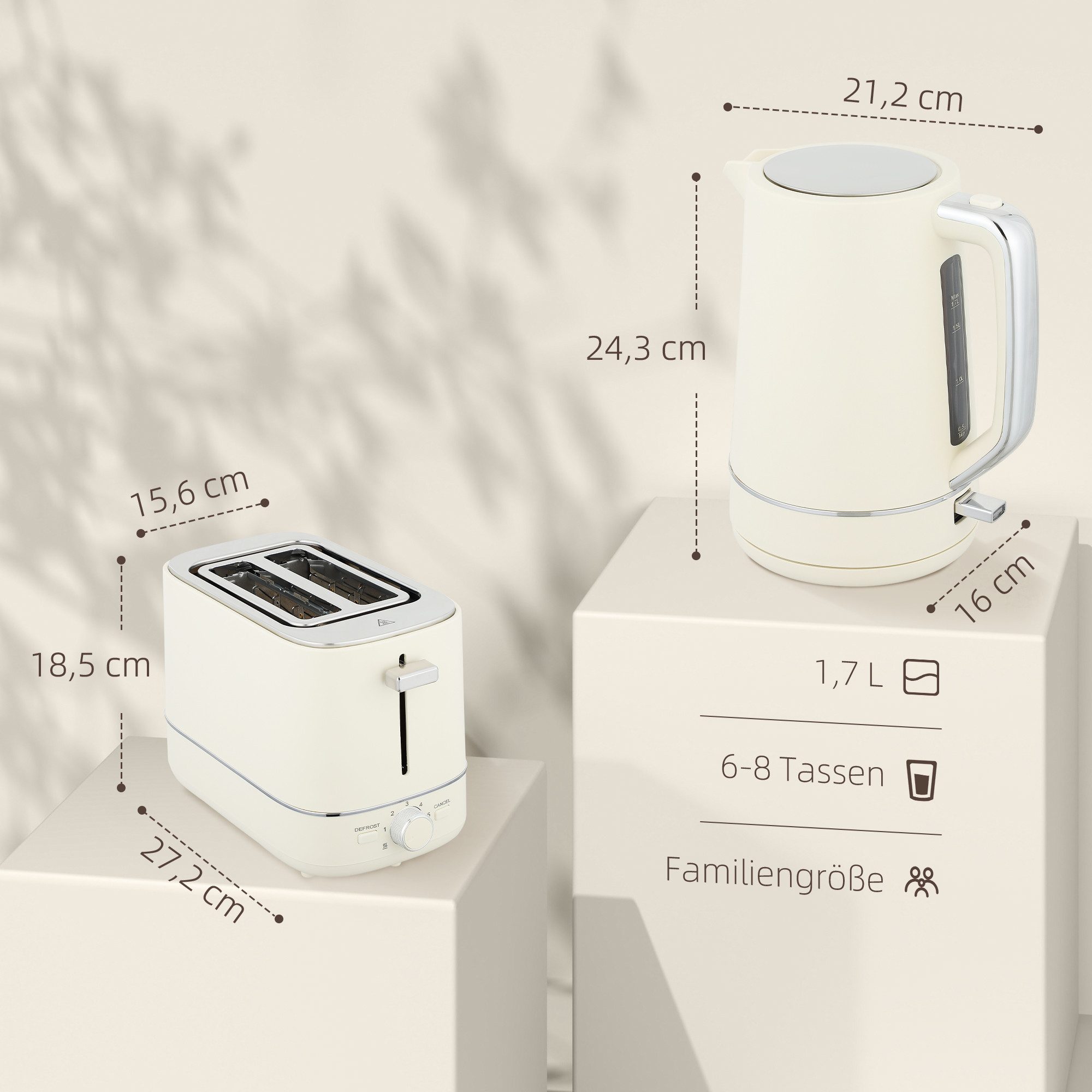 HOMCOM Toaster Set aus 1,7 L, 2 Schlitze, für 2 Scheiben, 2200 W, Wasserkocher und Toaster mit 6 Bräunungsstufen, Stahl, eige