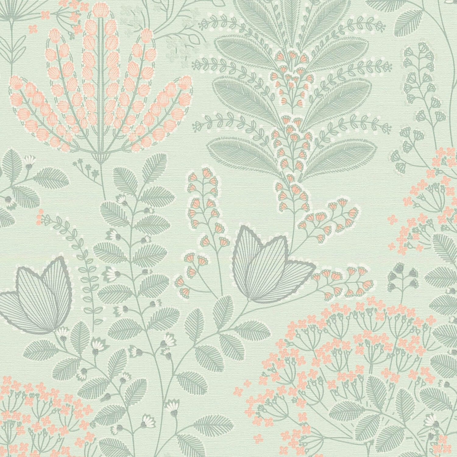 Profhome Vliestapete 393493-GU Blumen Tapete Floral matt grün hell-grün weiß, geprägt, (1 Rolle, 5,33 qm), heißgeprägte Vliestapete, grün