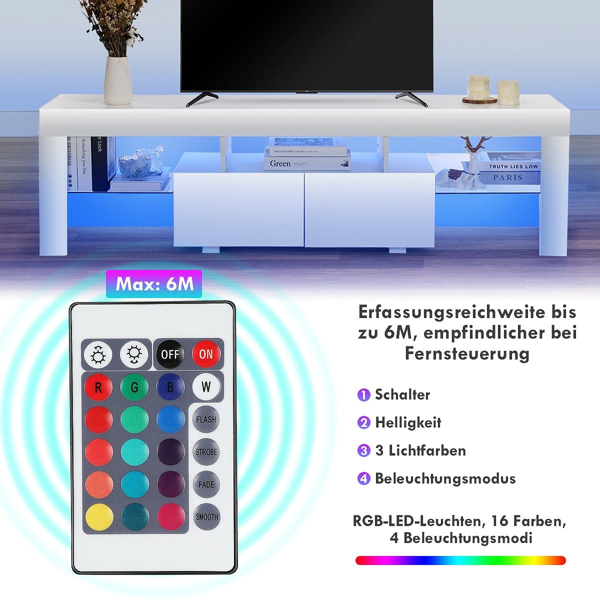 oyajia TV-Schrank Fernsehschrank mit LED-Beleuchtung, 160 cm Lowboard mit 2 Schubladen (Fernsehschrank, 3 offenes Regalfach, viel Stauraum) griffloses TV-Schrank, mit Glasrahmen, Fernsehschrank in wohnzimmer