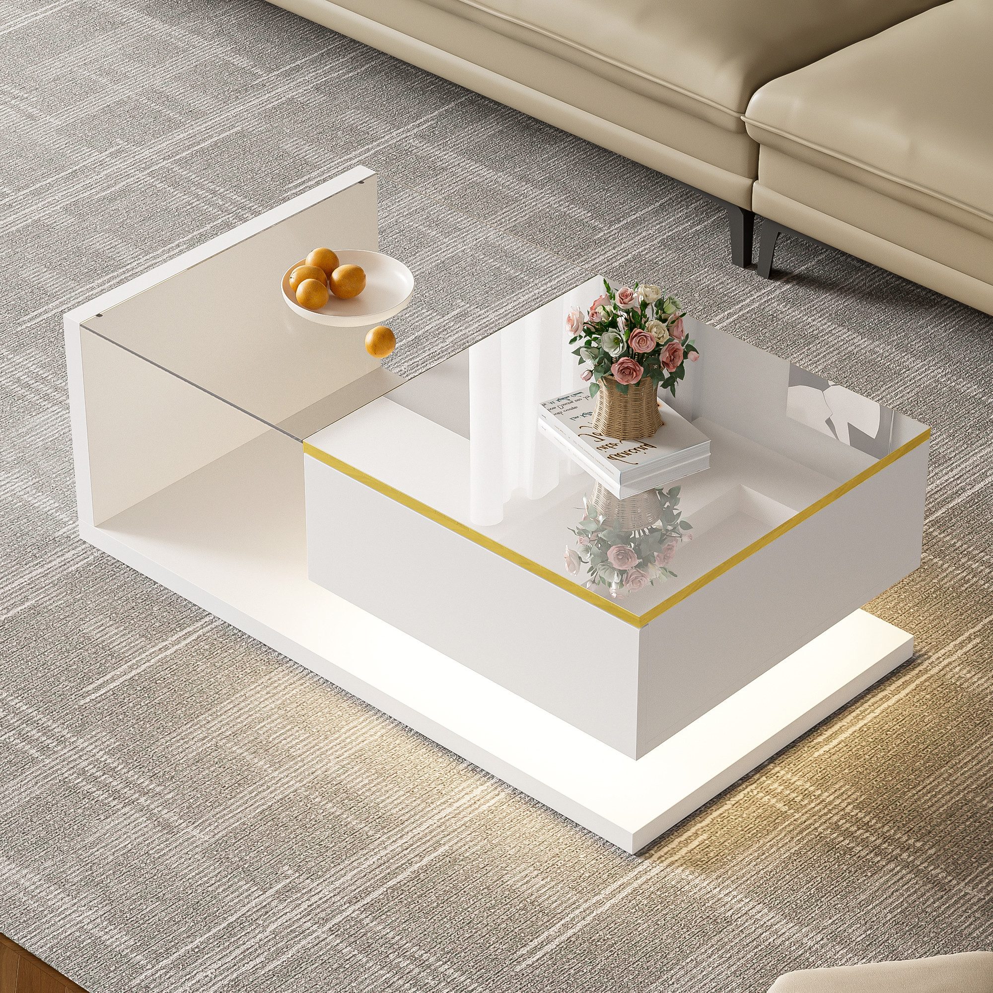 Merax Couchtisch mit Ablagefach und Glastischplatte (90*50*32,5cm, 1-St., 1 Tisch), Beistelltisch Hochglanz mit LED, Wohnzimmertisch Kaffeetisch Satztisch – Bild 4 von 5