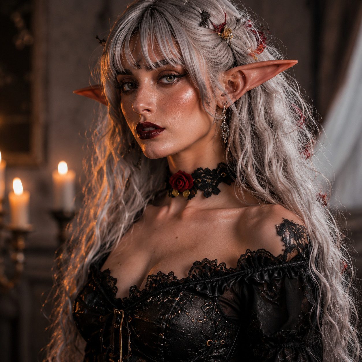 Kaiser24 Choker Gothic Halsband mit Spitze & roter Rose – Dark Romance Choker