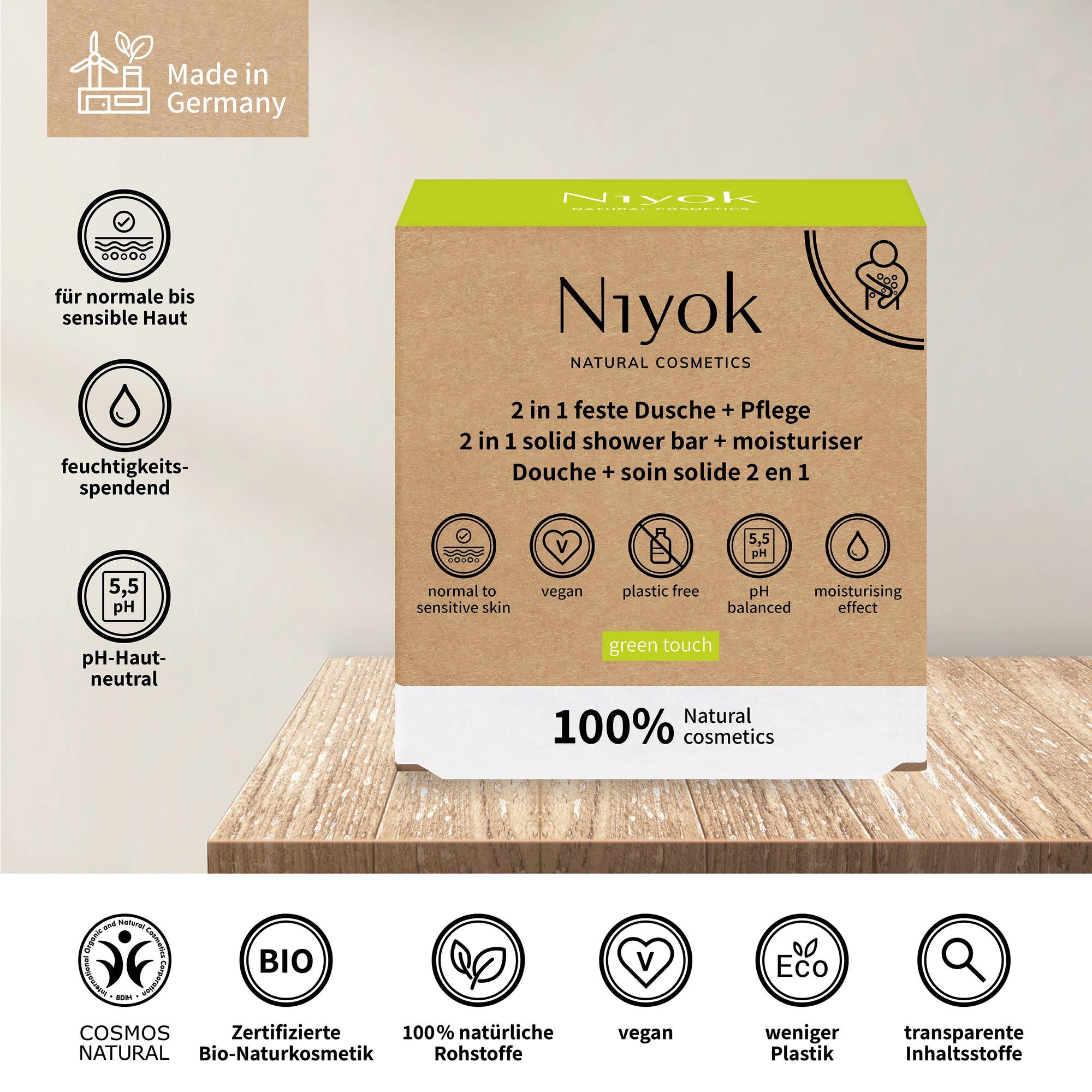 Niyok Feste Duschseife + Pflege 2-in-1 Naturkosmetik, Vegane Seife für Körper & Hände, Seife für Körper & Hände, Plastikfrei & Vegan, PH-Neutral