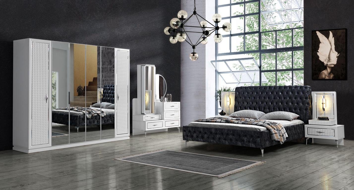 JVmoebel Schlafzimmer-Set Schlafzimmer Bett 2x Nachttisch 5 tlg.Set Design Modern Luxus weiß, (5-St)