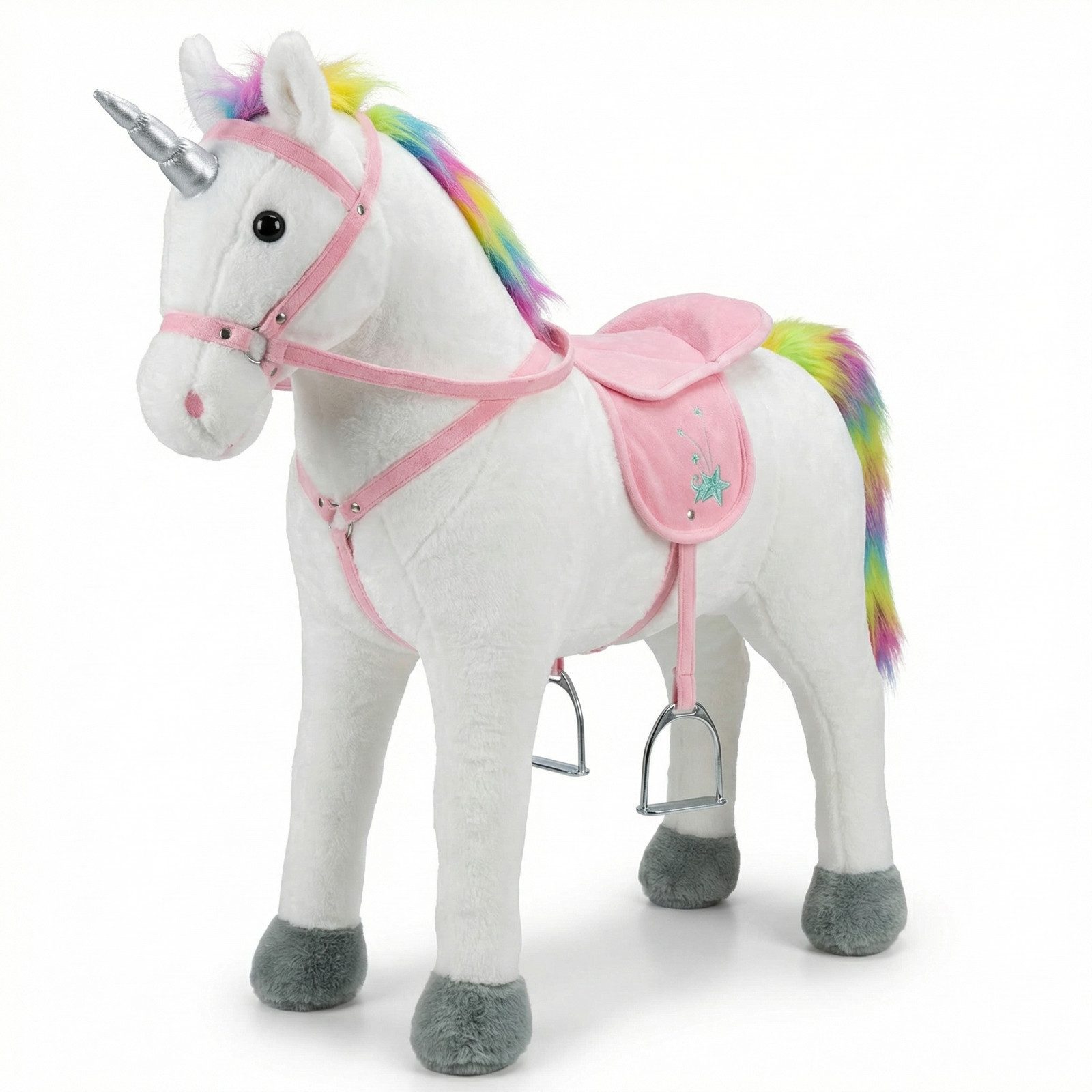 TE-Trend Reitpferd Einhorn Stehpferd 75 cm Sound Reitpferd Plüsch Spielpferd Sattel, Wieher- und Galopp Sound