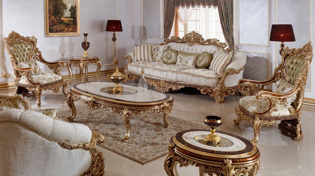 Barock Möbel - - / & Casa Luxus Padrino Couchtisch Braun Prunkvoll Glasplatte / Gold mit Couchtisch Wohnzimmertisch Barock - Weiß Edel Prunkvoller