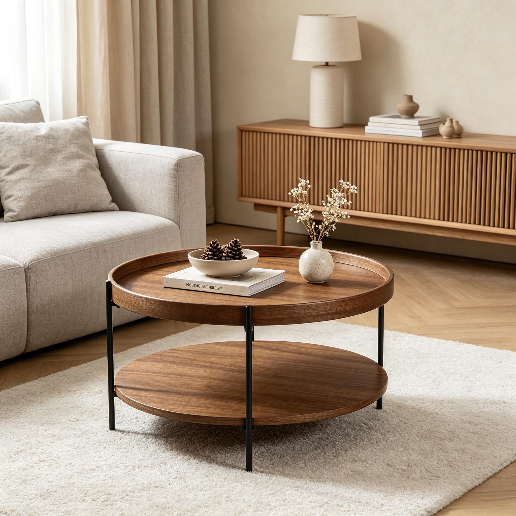 WILLIAMSPACE Couchtisch Meta Runder Couchtisch 2 Ebenen, MDF Echtholzfurnier & Echtholzrand