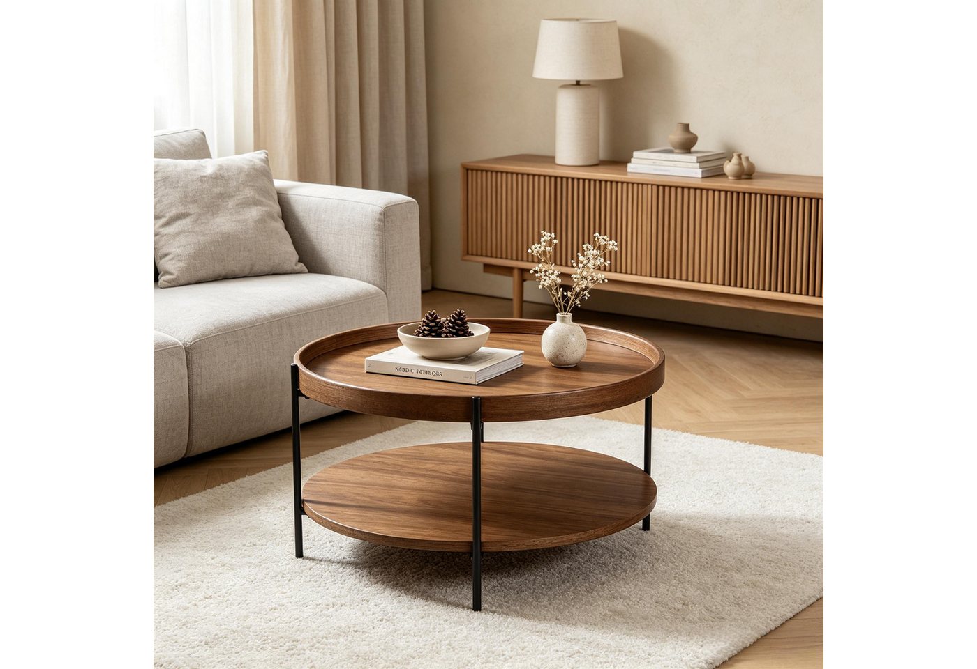 WILLIAMSPACE Couchtisch Meta Runder Couchtisch 2 Ebenen, MDF Echtholzfurnier & Echtholzrand
