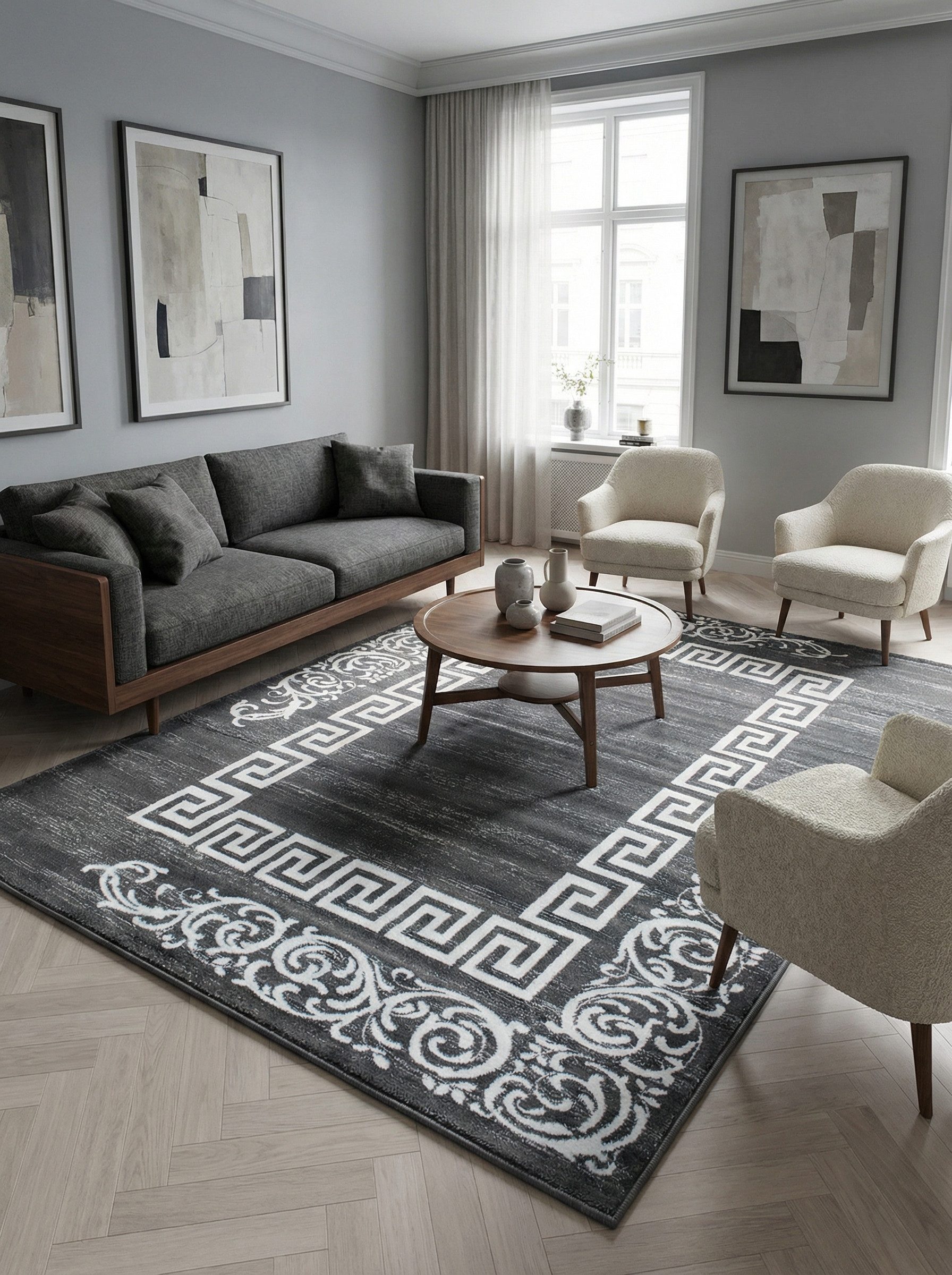KADIMA DESIGN Teppich Kurzflorteppich Mäander Klassisch Läufer Flur Waschbar ASPEN, Läufer, Höhe: 14 mm, Grau, 80x150 cm, Strapazierfähig Modern Waschbar