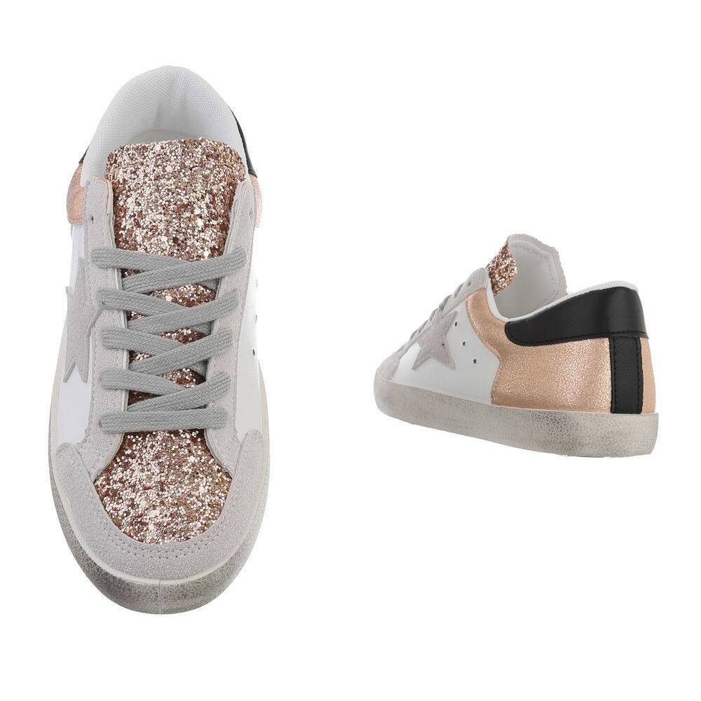 Ital-Design Damen Low-Top Freizeit Sneaker Weiß, Low in Weiß Gold Flach Sneakers