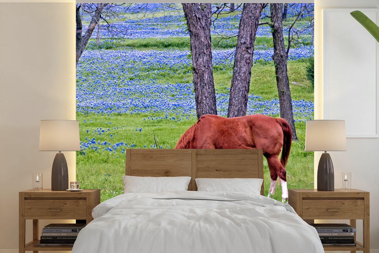 für (5 Fototapete Pferd Schlafzimmer, - oder Wandtapete Blumen MuchoWow - St), Matt, Tapete Baum, Vinyl bedruckt, Wohnzimmer