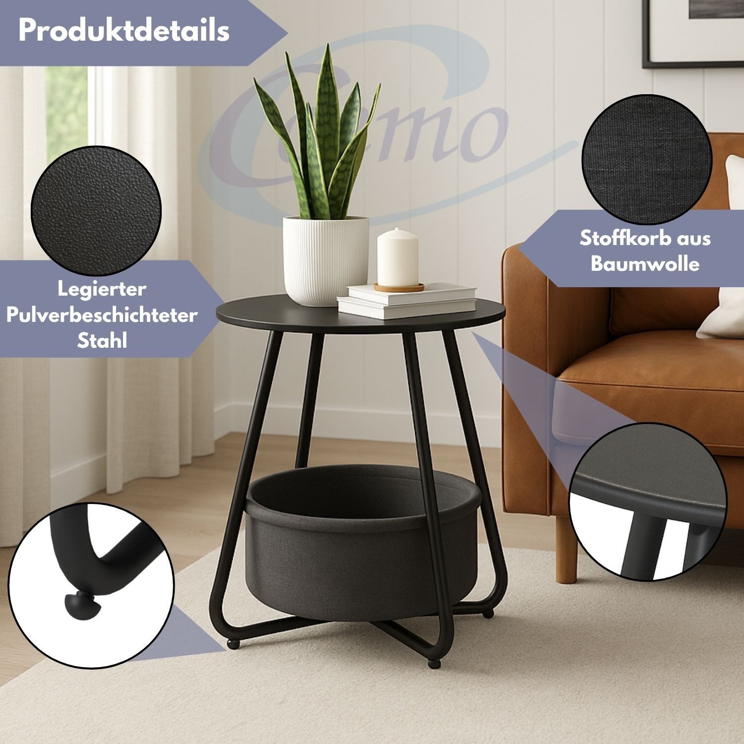 Coemo Wohnzimmertisch KOSI, Schwarz Metallgestell Couchtisch mit Aufbewahrungskorb Canvas