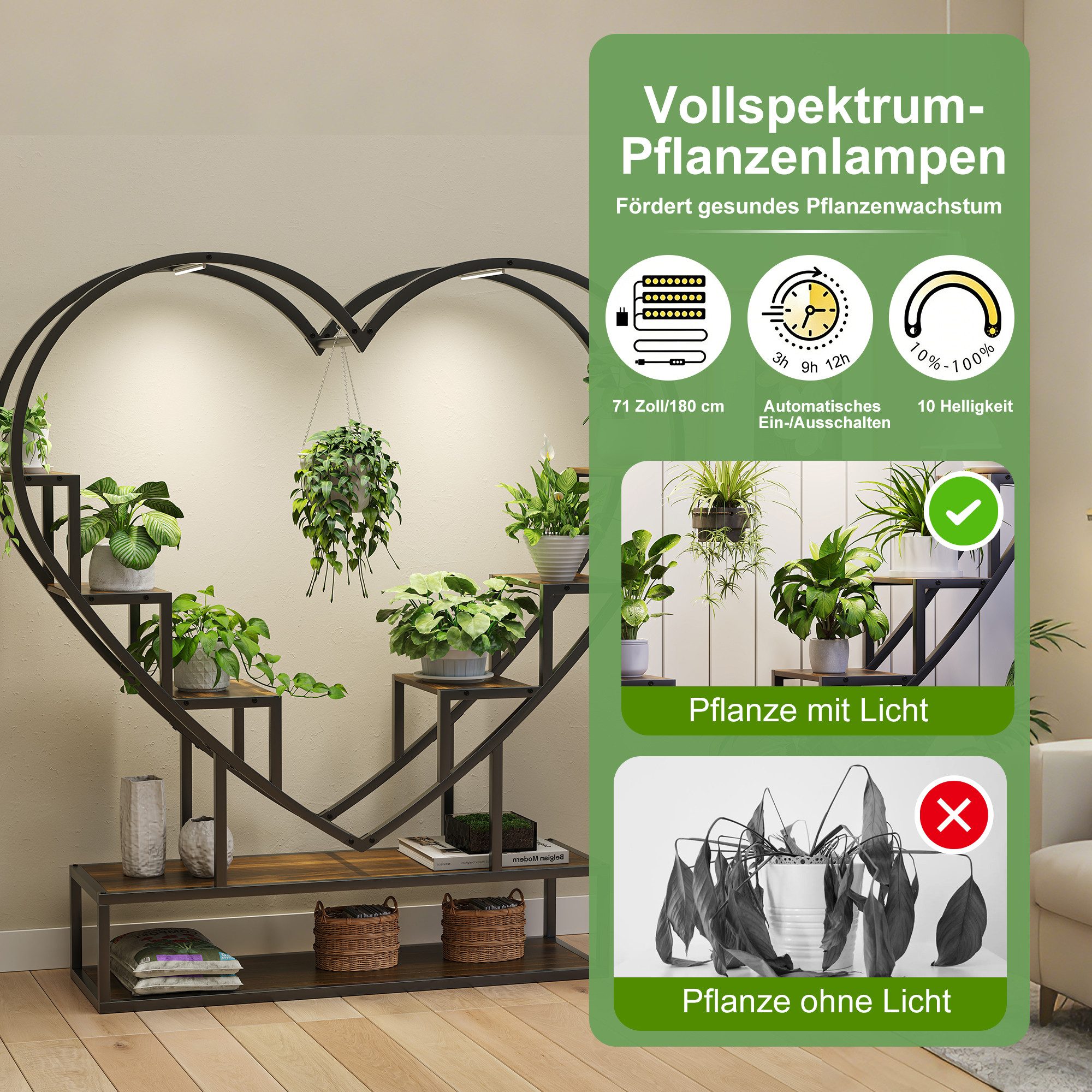 BELUPAI Pflanzentreppe Blumenständer Pflanzenständer mit Wachstumslicht, 3 Etagen,herzförmig,Für Zimmerpflanzen, ideal für Wohnzimmer