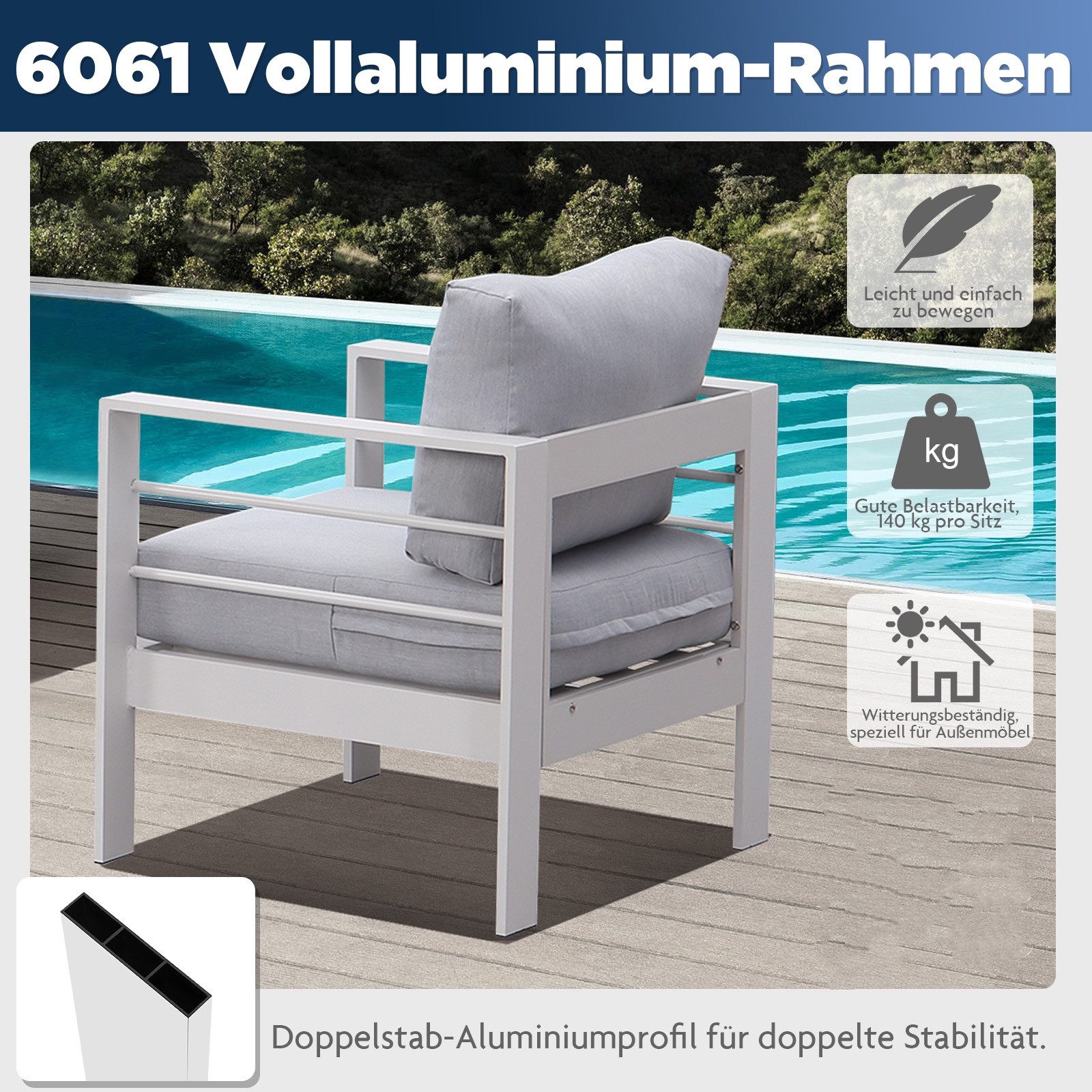 MeXo Gartenlounge-Set XXL Gartenmöbel Set Aluminium Outdoor, (cremeweiß, harmonieren mit Licht bei Nacht, 2-tlg., Passt zum skandinavischen, mediterranen oder m – Bild 4 von 5