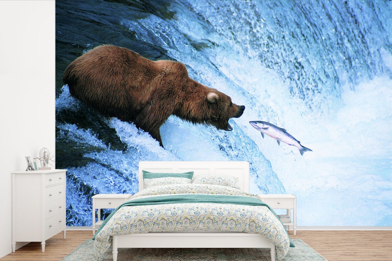 MuchoWow Fototapete Bär - Fisch - Wasserfall, Matt, bedruckt, (6 St), Wallpaper für Wohnzimmer, Schlafzimmer, Kinderzimmer, Vinyl Tapete