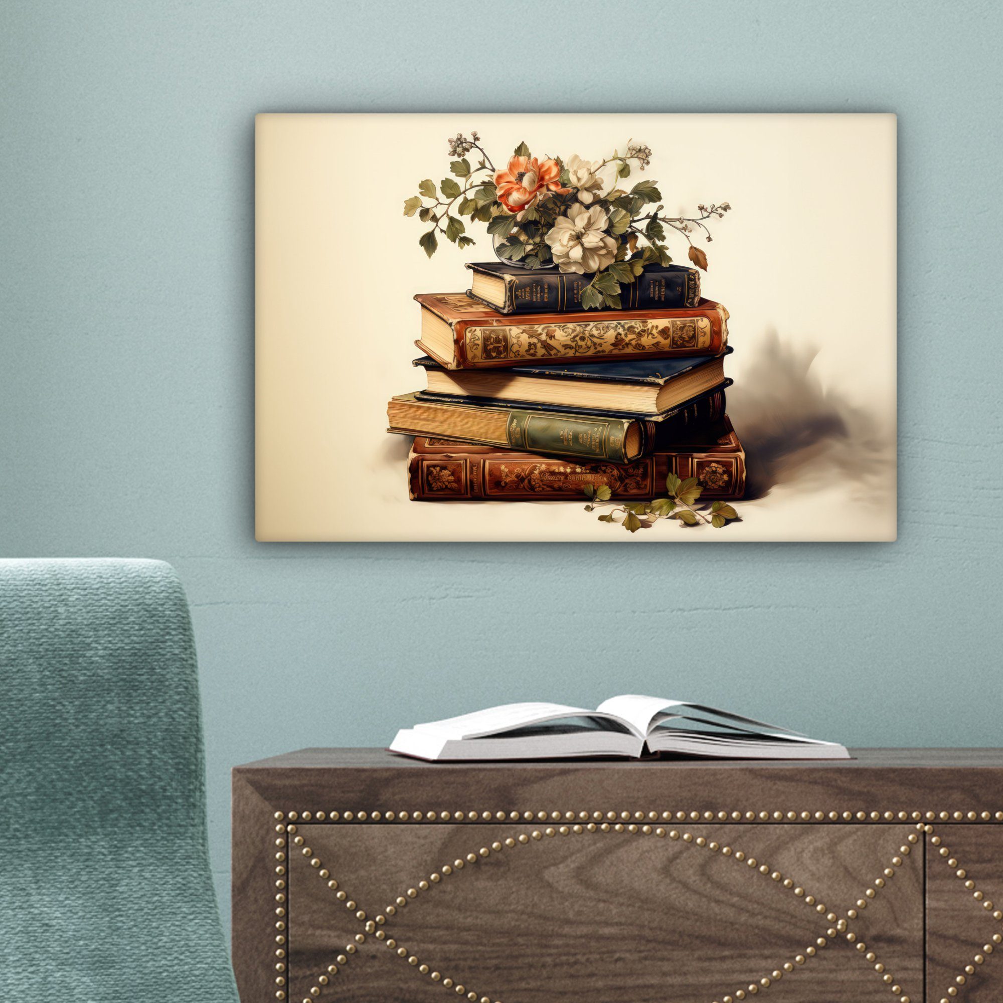 OneMillionCanvasses® Leinwandbild Vintage - Bücher Weiß, cm St), (1 Leinwandbilder, Aufhängefertig, - - 30x20 Blumen Wandbild Wanddeko