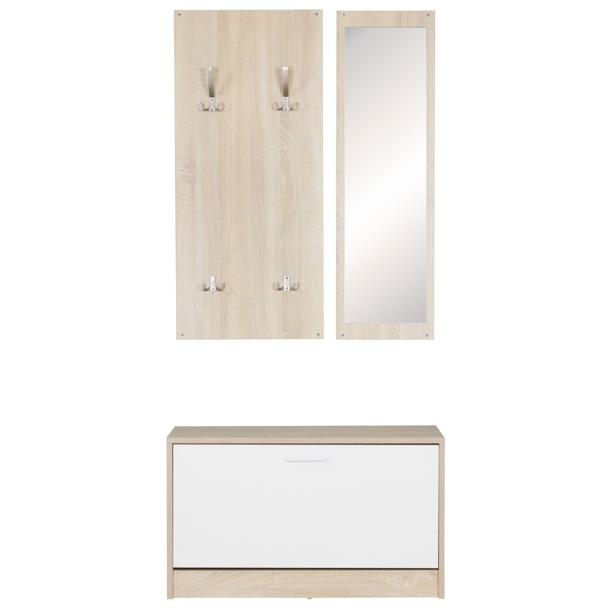 Wohnling Garderoben-Set Wandgarderobe SALERNO mit Spiegel sonoma Kompaktgarderobe Flur Komplet, (Wandgarderobe mit Spiegel & Schuhschrank Sonoma), Flur Kompaktgarderobe, Komplettgarderobe