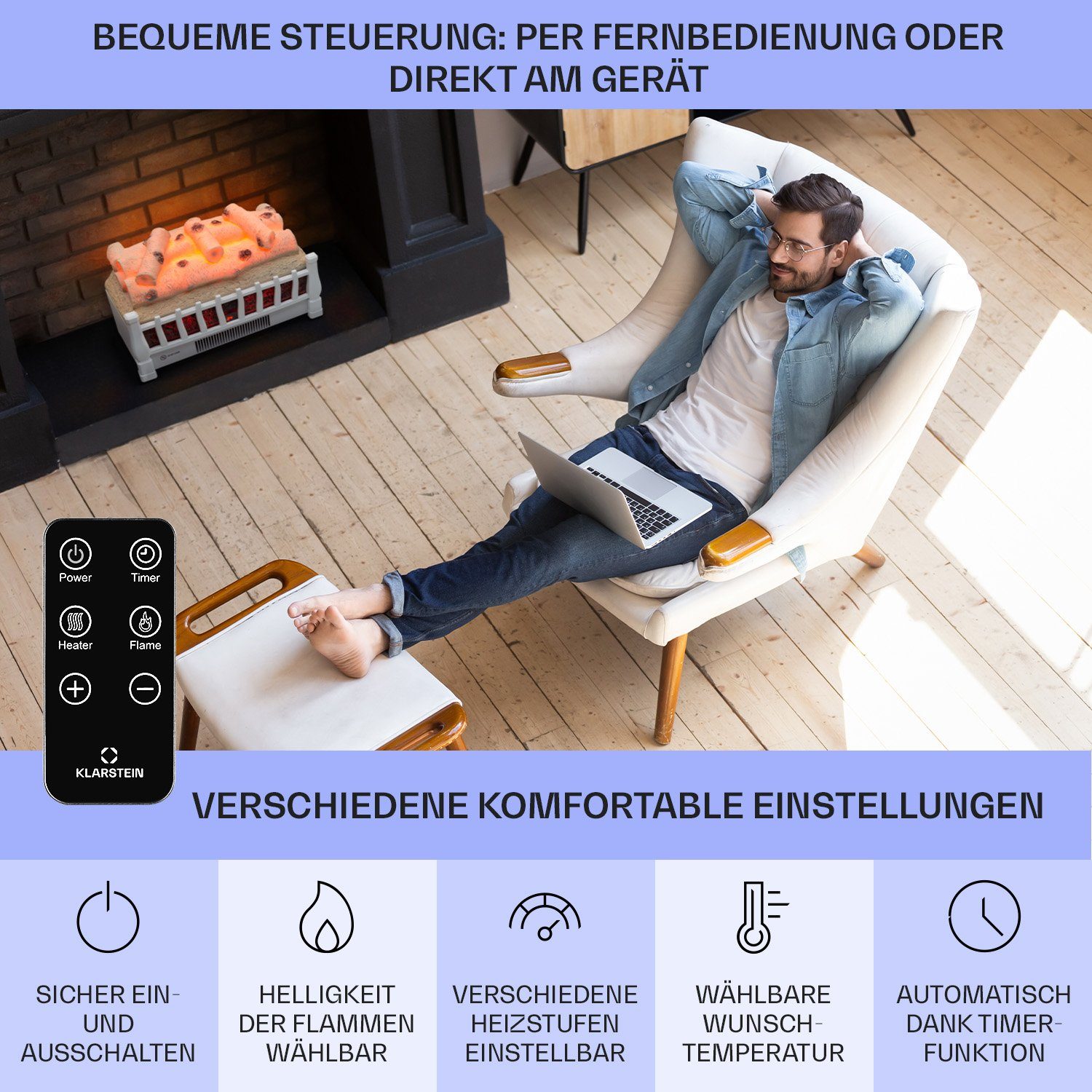 Klarstein Elektrokamin Kamini FXL 2G, elektrischer Kamin mit Heizfunktion Heizlüfter elektrischer Kaminofen