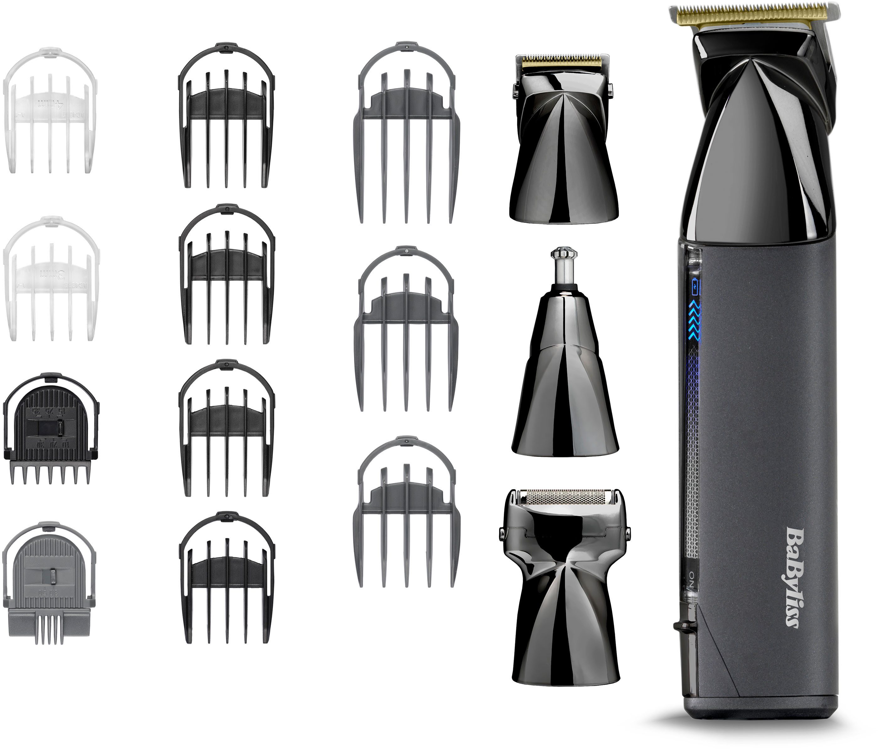 BaByliss Multifunktionstrimmer BaByliss Super-X Metal 15-in-1 Multitrimmer für Bart & Körper, MT991E, Titan-Klinge, 15 Aufsätze und Kammführungen, USB-Ladestation, kabellos