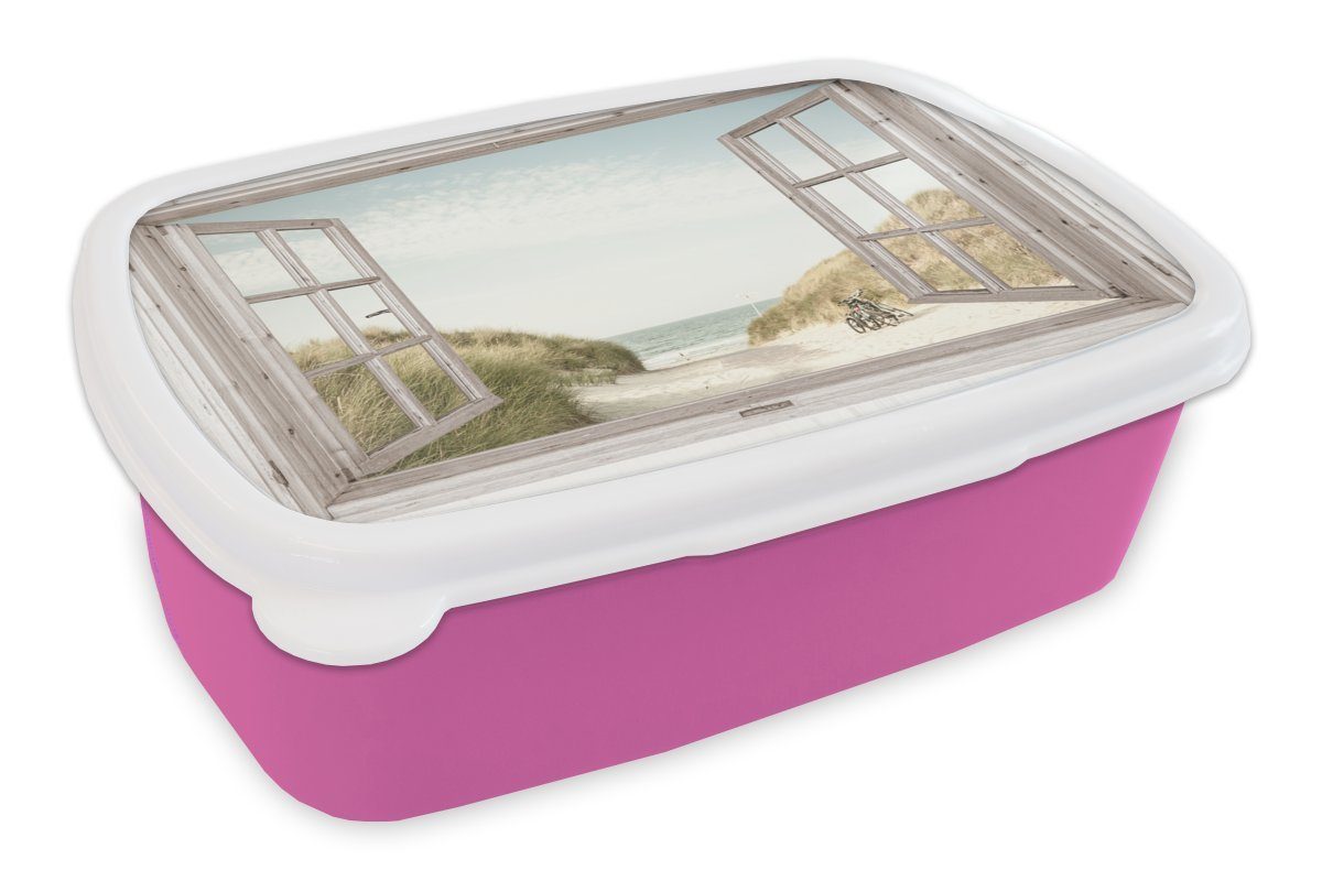 - - rosa Kunststoff, MuchoWow Kinder, Kunststoff (2-tlg), Strand Lunchbox Snackbox, Brotdose für Erwachsene, Brotbox Aussicht Fahrrad, Mädchen,