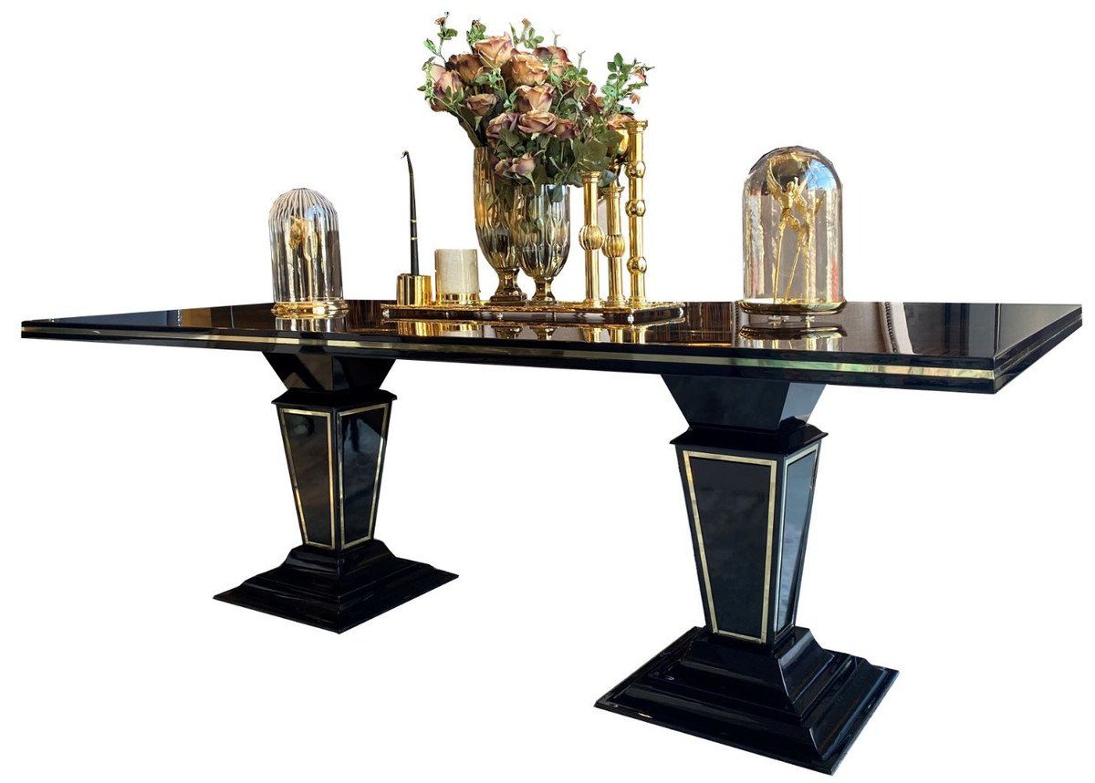 Casa Padrino Esstisch Luxus Art Deco Esstisch Dunkelbraun / Schwarz / Gold 220 x 110 x H. 76 cm - Edler Esszimmertisch mit Glasplatte - Art Deco Esszimmer Möbel