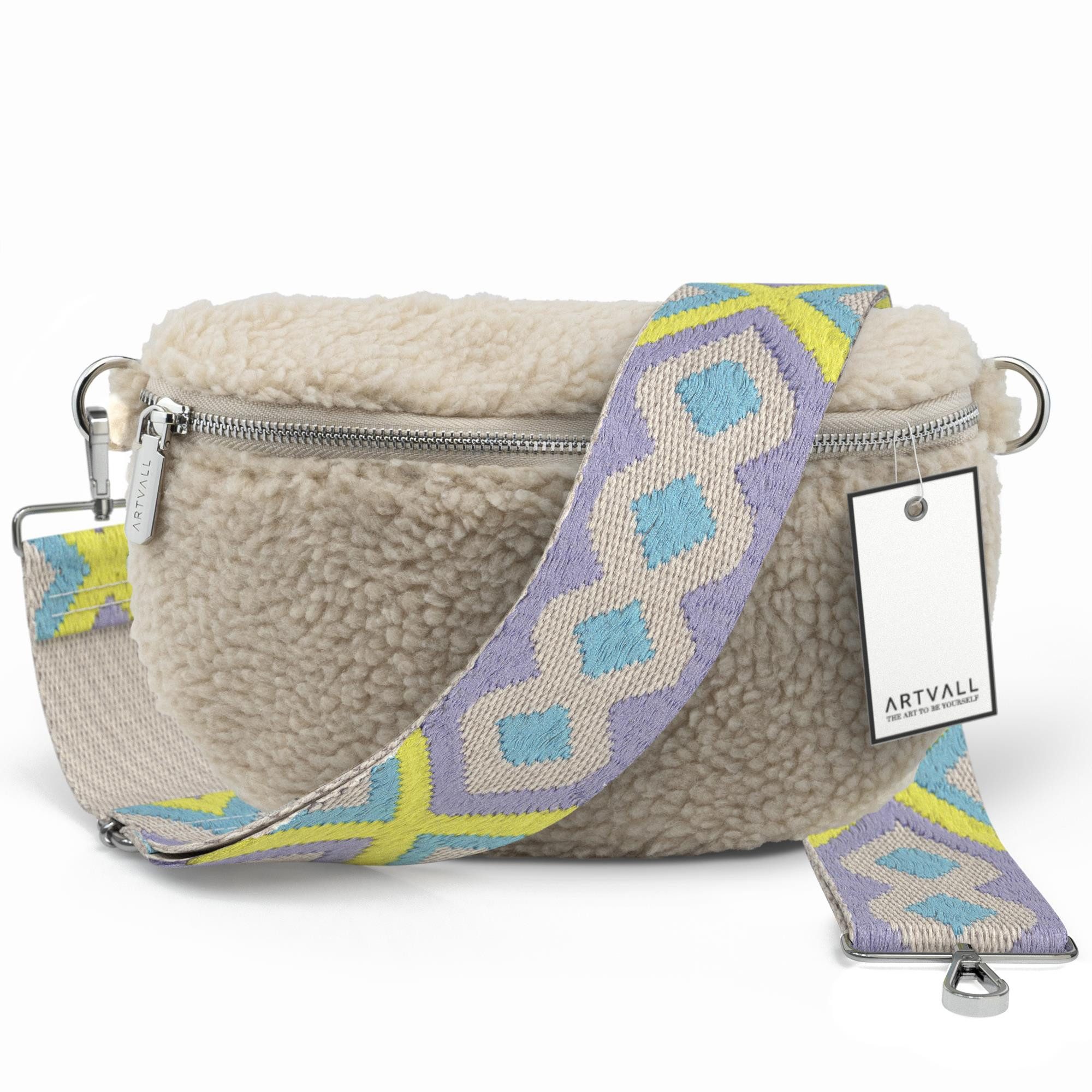 ARTVALL Umhängetasche Teddy Handtasche Brusttasche Schultertasche Beige (Tasche inkl. Taschenband), Bauchtasche Teddy Plüschtasche Teddyfell mit Schultergurt Design Klein