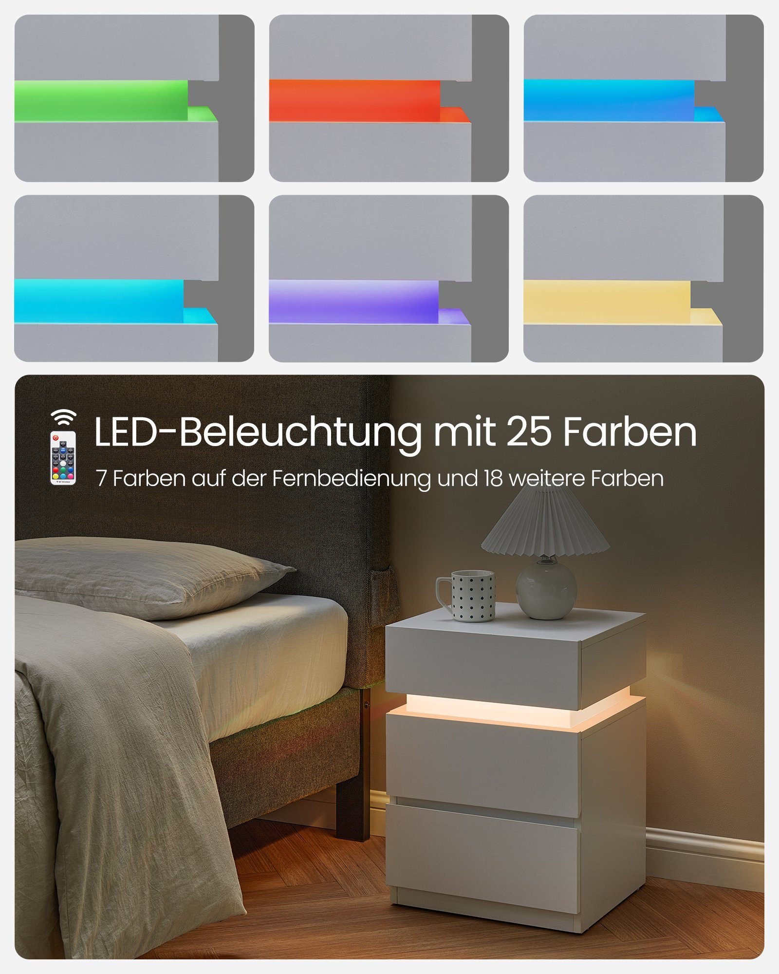 VASAGLE Nachttisch 1/2er Set Beistelltisch mit Steckdosen, 3 Schubladen (2-St), 40 x 35 x 55 cm, LED-Beleuchtung, modern, Schiebedeckel, kleiner Tisch – Bild 4 von 5