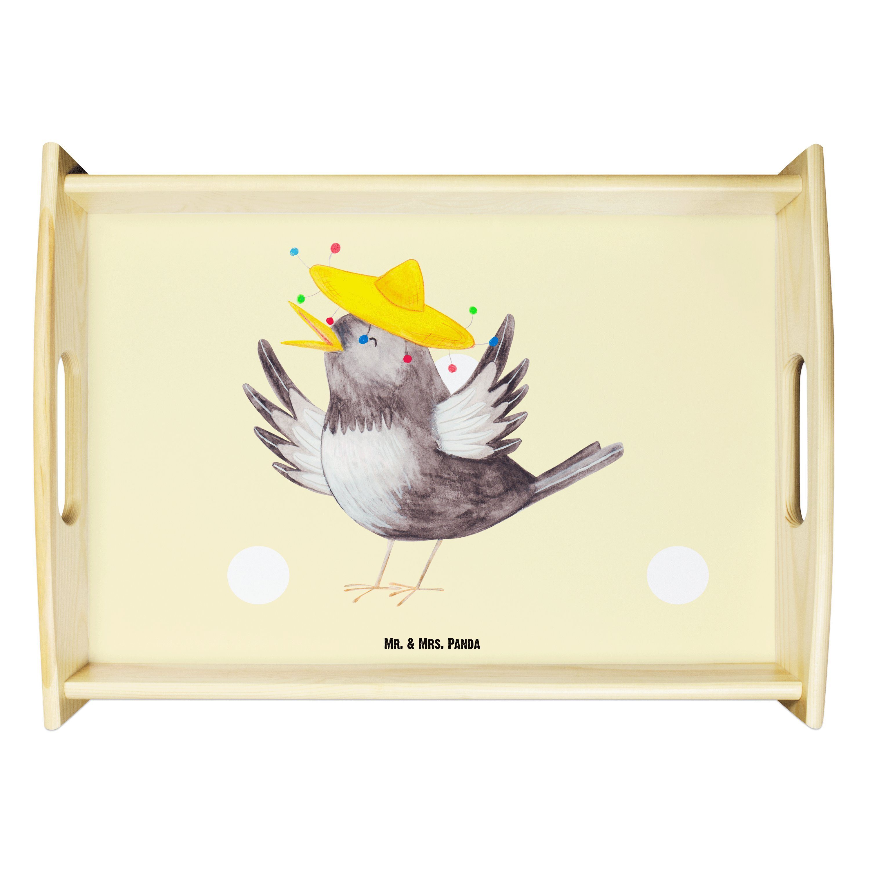 Mr. & Mrs. Panda Tablett mit (1-tlg) Sombrero Gelb Rabe Echtholz - Geschenk, Dekotable, Küchentablett, lasiert, Pastell 