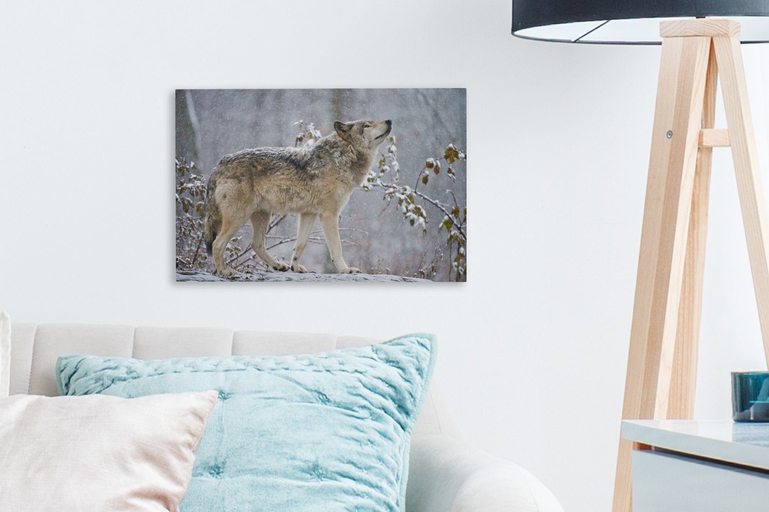 Schnee Leinwandbild Winter, (1 - Wolf Aufhängefertig, OneMillionCanvasses® Wandbild 30x20 cm Wanddeko, Leinwandbilder, - St),