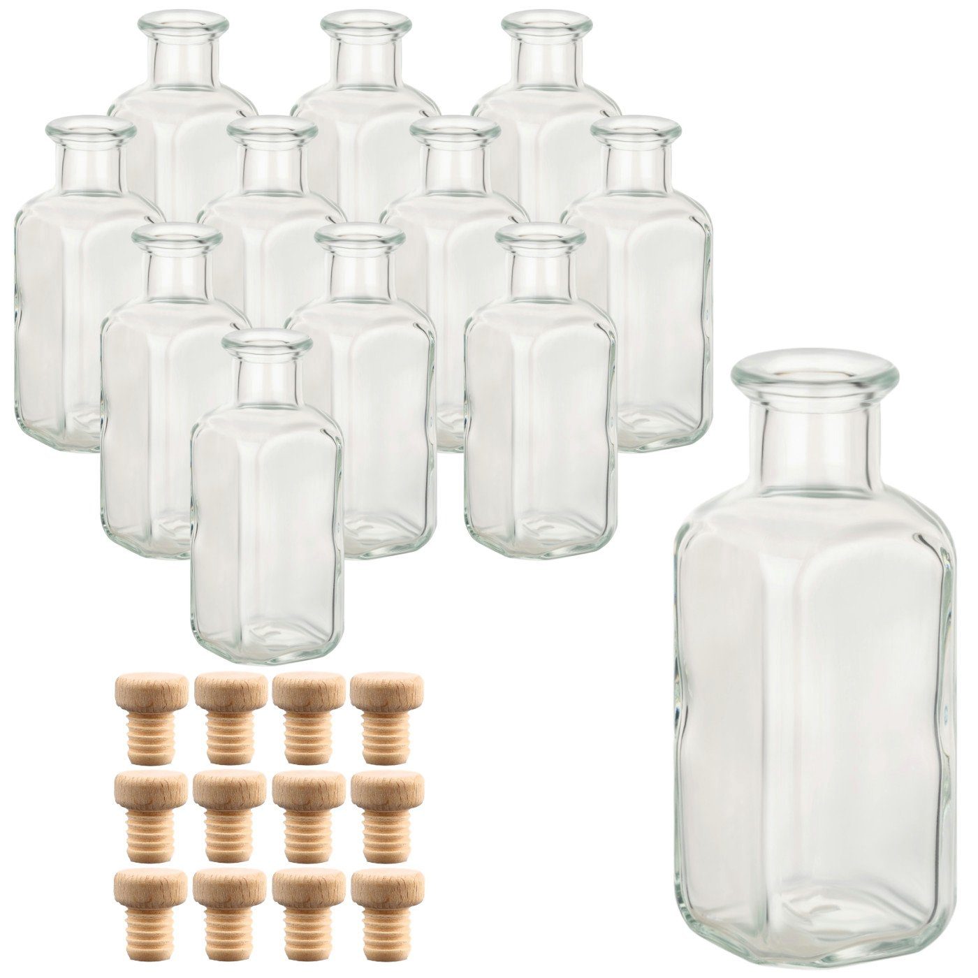 gouveo Trinkflasche Glasflaschen 100 ml Apotheker mit Korken zum Befüllen, 12er Set eckig Holzgriffkorken