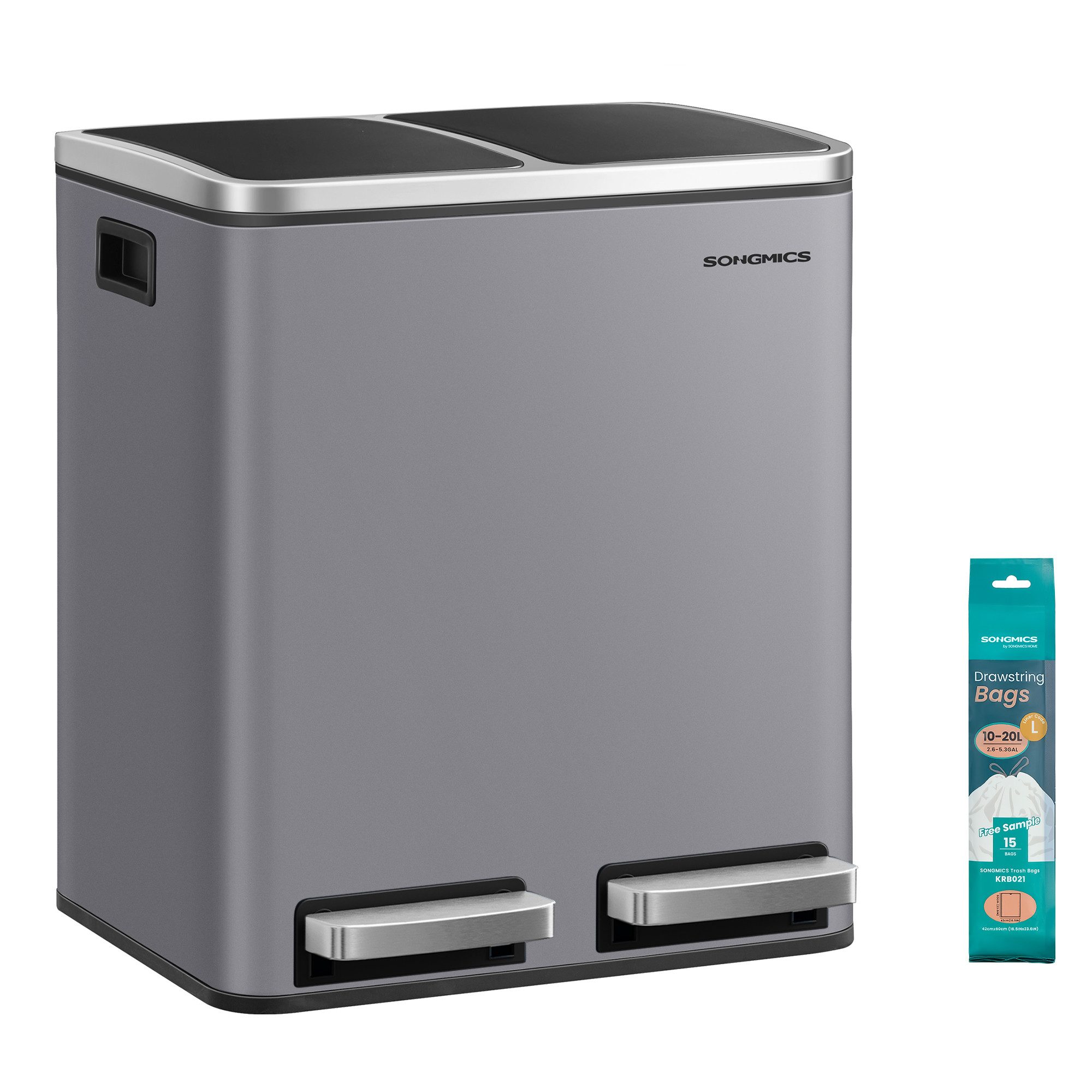 SONGMICS Mülleimer Mülltrennsystem 2 x 15 L, Abfalleimer, 30L, ergonomisch, Stahl, Metall-Fußreling