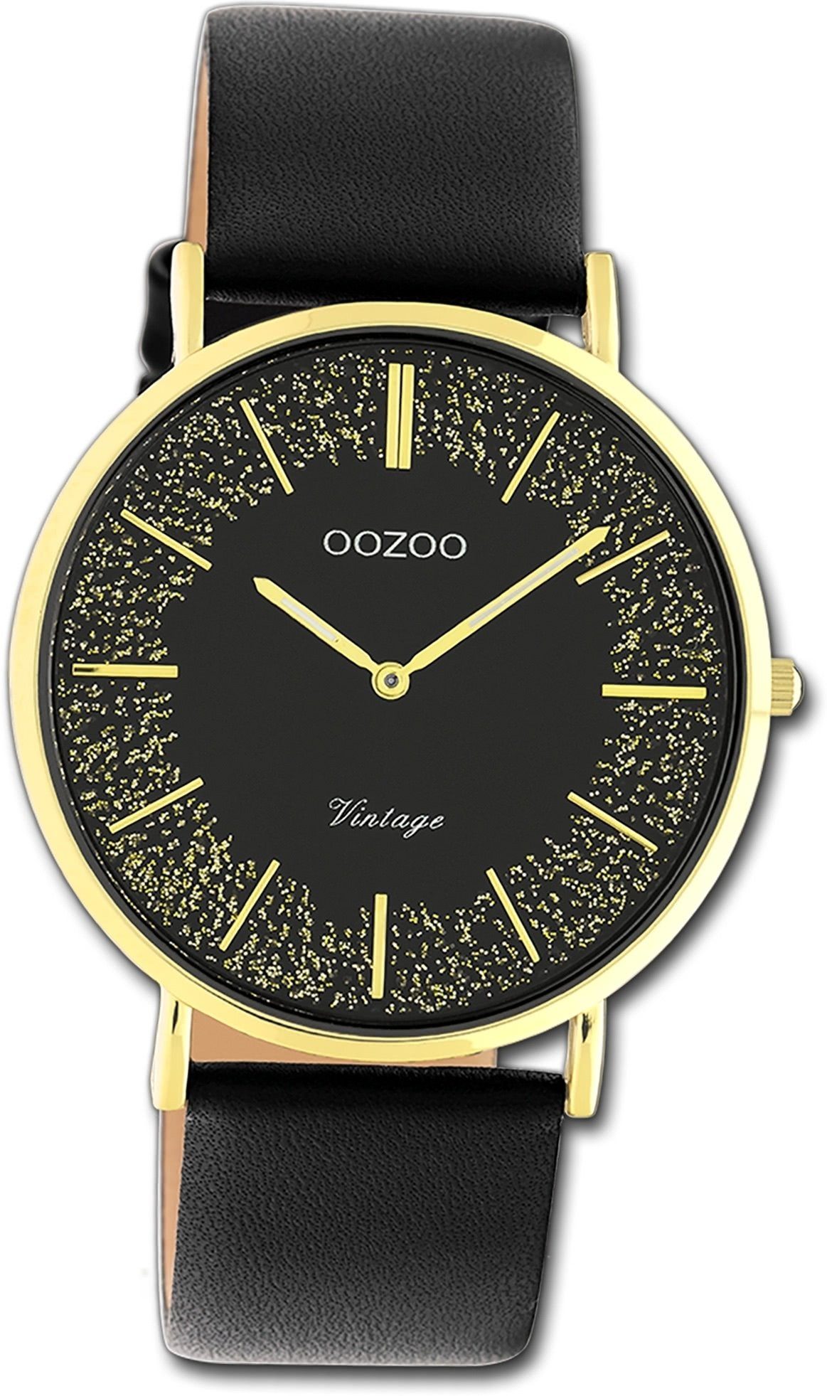 OOZOO Quarzuhr Oozoo Damen Armbanduhr Vintage Series, Damenuhr Lederarmband schwarz, rundes Gehäuse, groß (ca. 40mm)