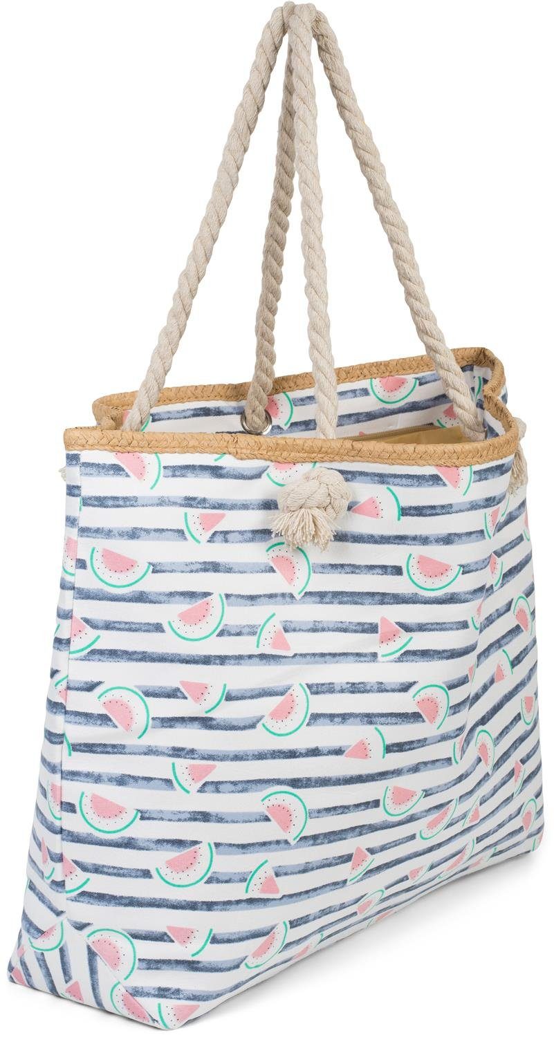 styleBREAKER Strandtasche Streifen mit Dunkelblau-Weiß Print Strandtasche (1-tlg), und Melone