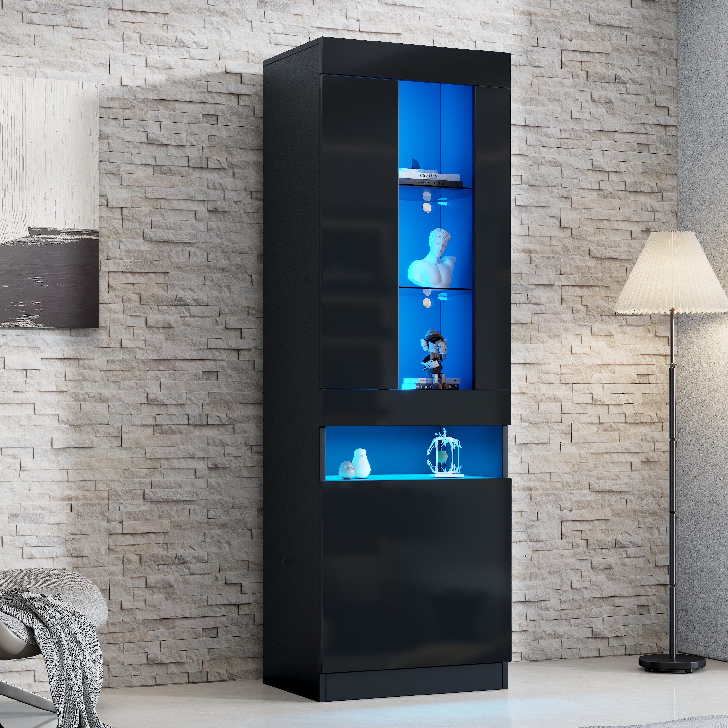 REDOM Vitrine Vitrine 50x180x40 cm, schwarz, LED & Hochglanzfront. (Vitrine,Standregal,Wohnzimmerschrank, 1-St., Vitrine mit LED Beleuchtung) mit LED-Lichtstreifen