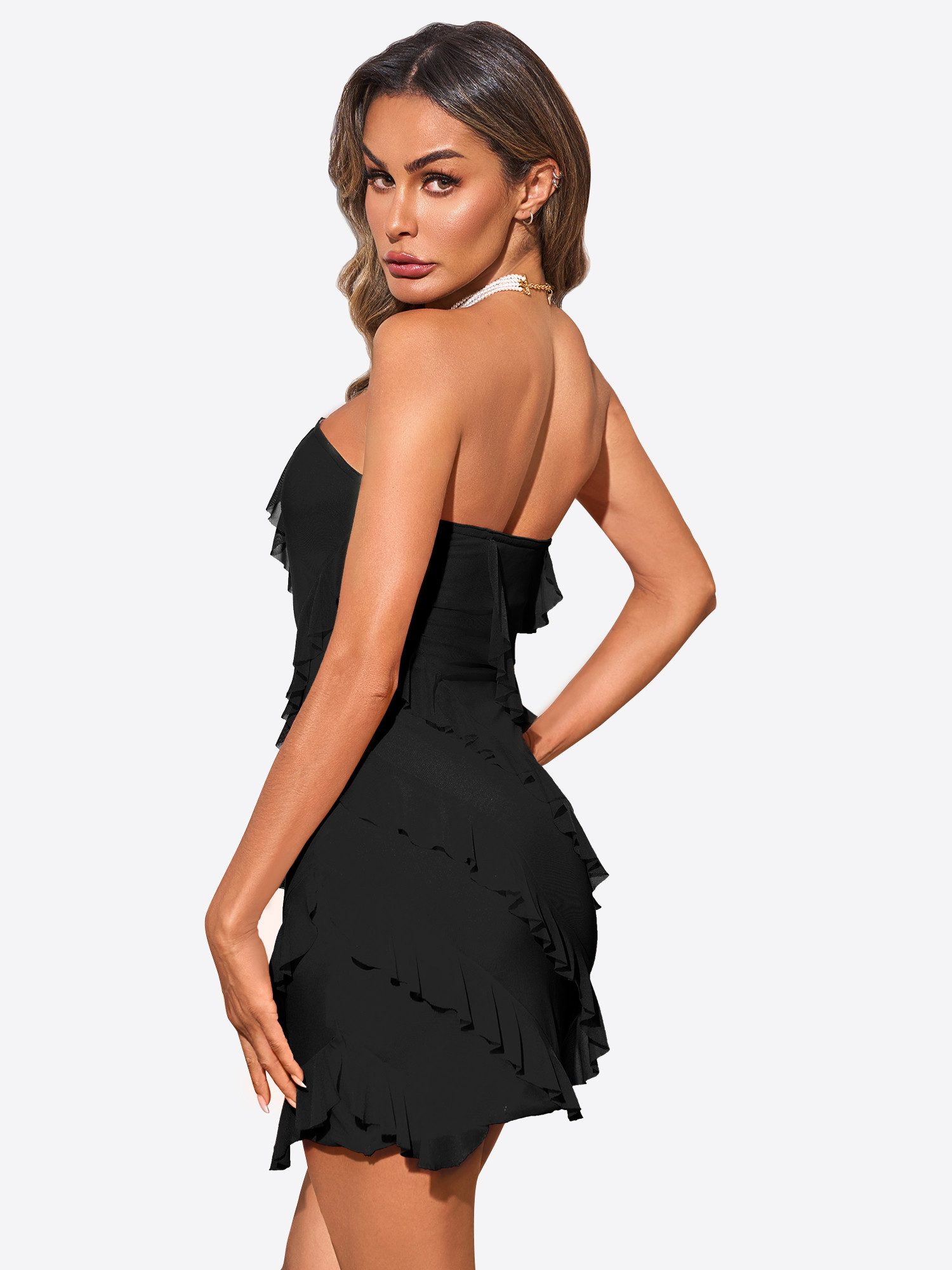 Imily Bela Minikleid Damen schulterfrei ärmellos mit diagonalen Rüschen Clu günstig online kaufen