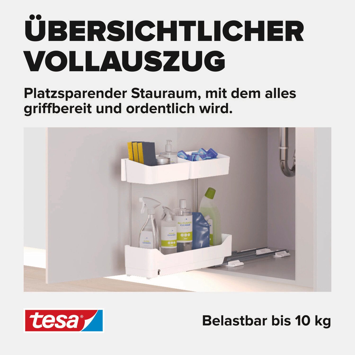 tesa Küchenorganizer-Set Pull Out ausziehbare Küchen-Schublade, Seitenauszug für Küchenschränke, (10-tlg., 2x Auszugsschienen, 1x Regalboden, 2x Boxen, 5x Powerstrips, uvm), selbstklebende Schubladenschienen für den Küchenschrank, ohne Bohren