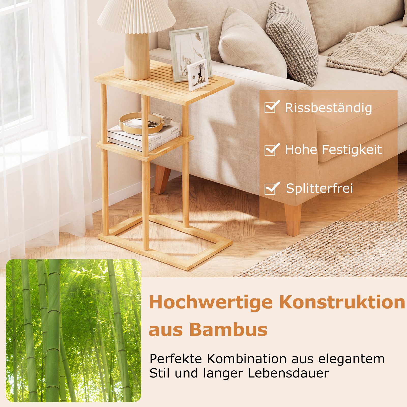 COSTWAY Beistelltisch (2-St), Nachttisch schmal aus Bambus, Sofatisch klein