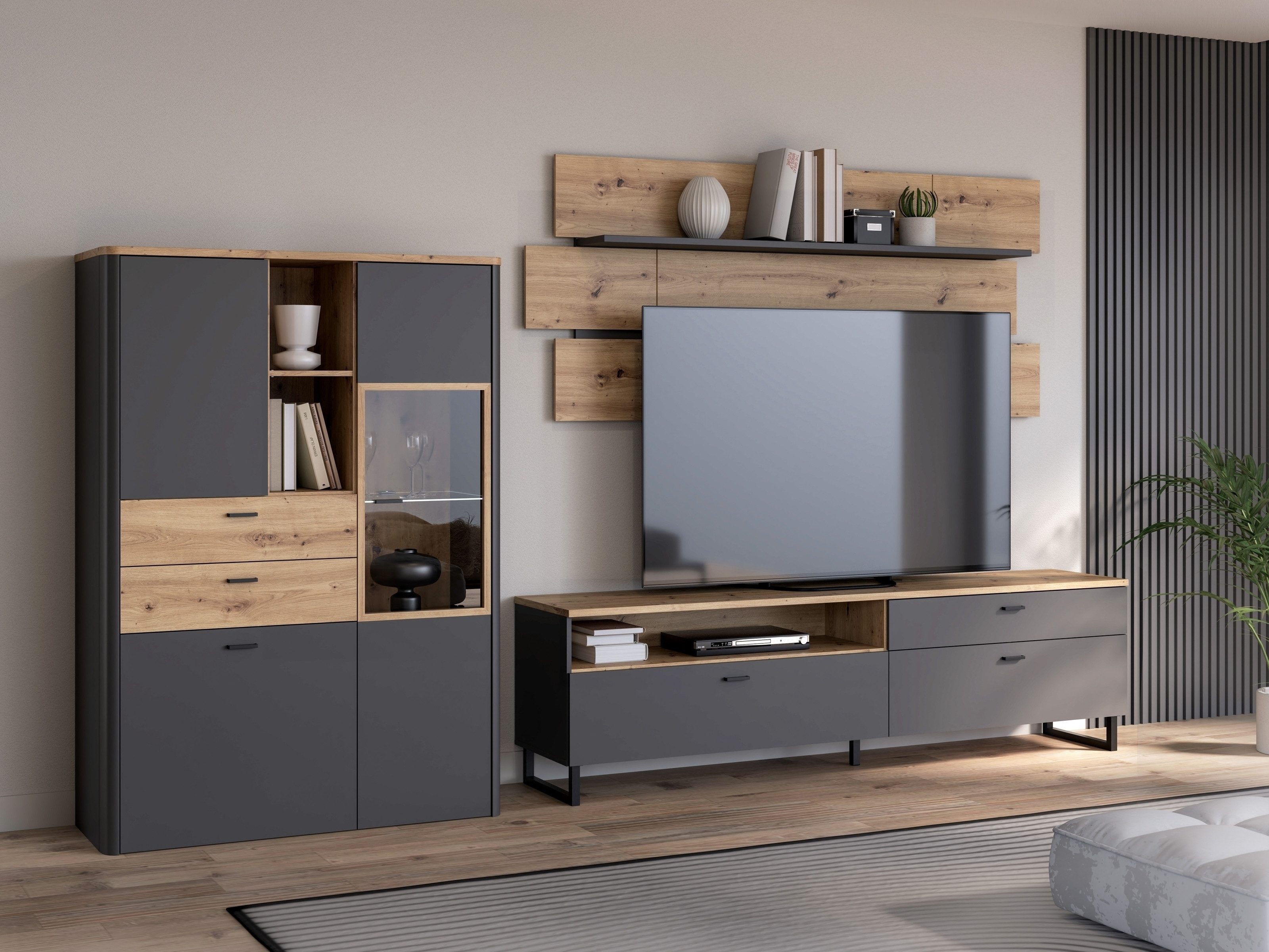 FORTE Wohnwand in Artisan Eiche Dekor / grau - 328,1x187,5x41,4 cm (B/H/T)