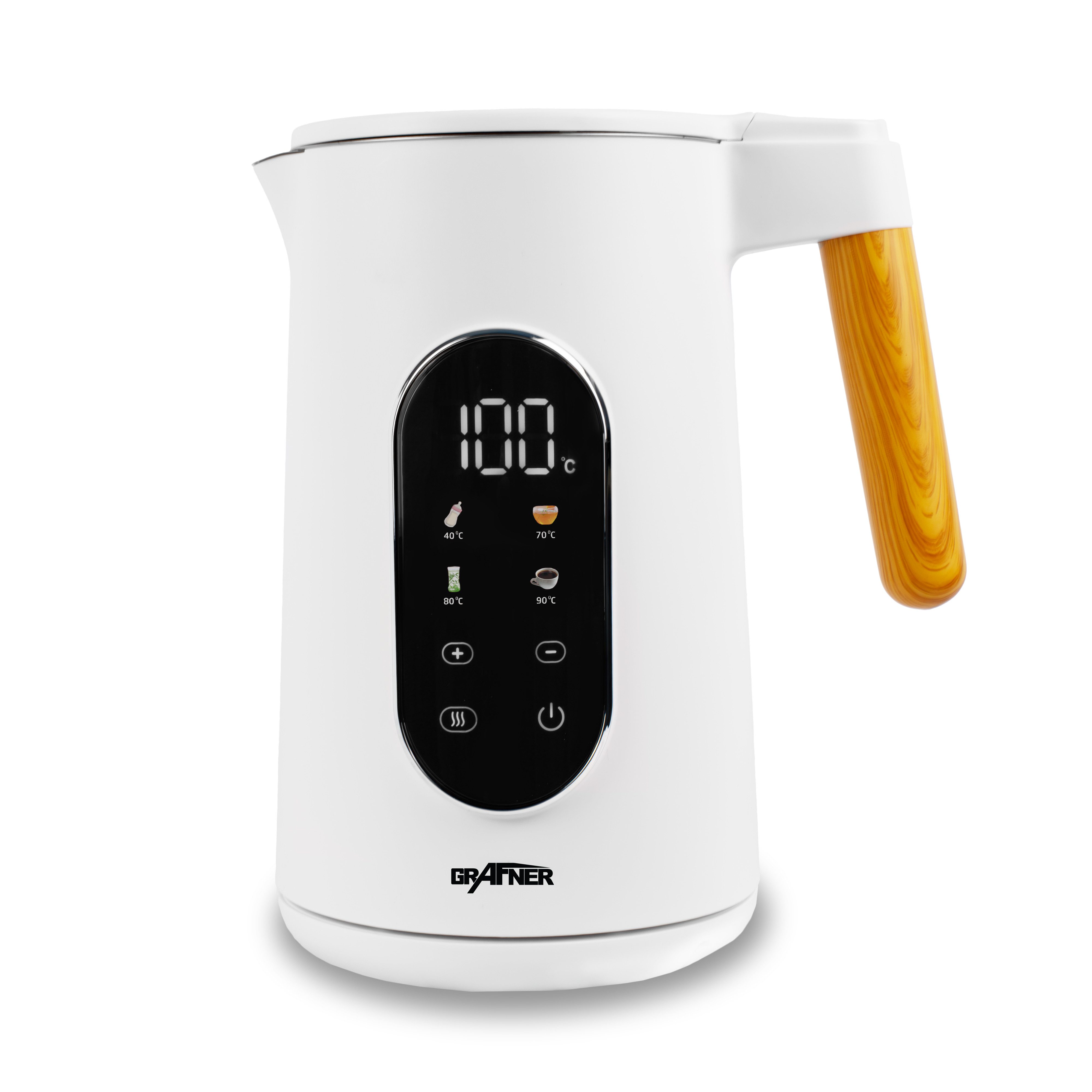 Grafner Елктрочайники Елктрочайники Edelstahl Holzdekor Temperatureinstellung Display 2200W, 2200 W, Edelstahl, weiß