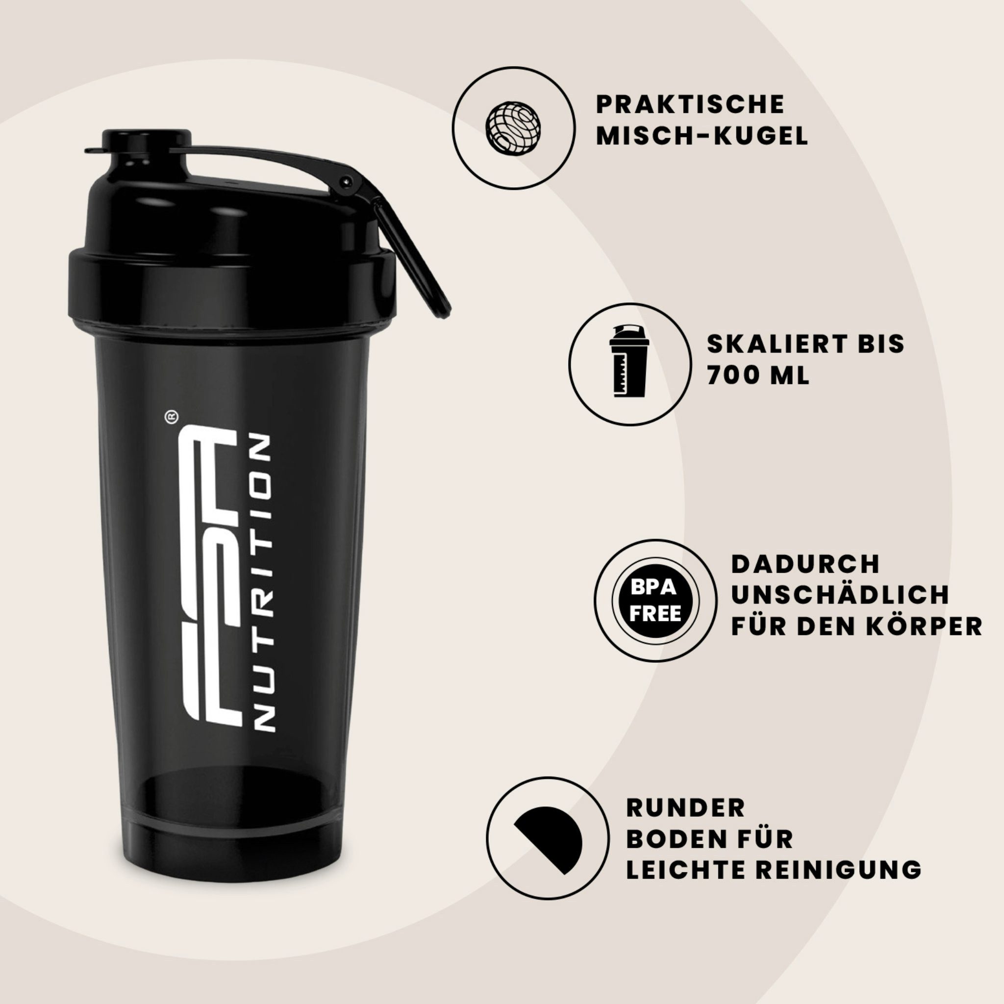 FSA NUTRITION Protein Shaker Premium Trinkflasche für Sport, Shaker mit Messmarkierungen, Mischkugel – Bild 5 von 5