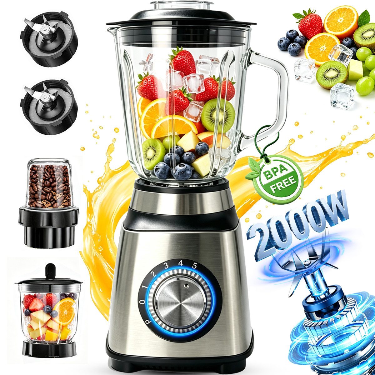 Forrlite Standmixer 2026 Neu Standmixer,Smoothie Maker Maximalstufe 2000W,Glas VitaBoost, 2000 W, Edelstahl Milchshaker Blender 1,5 L,Eiscrusher,6-Klingen für Ice Püree
