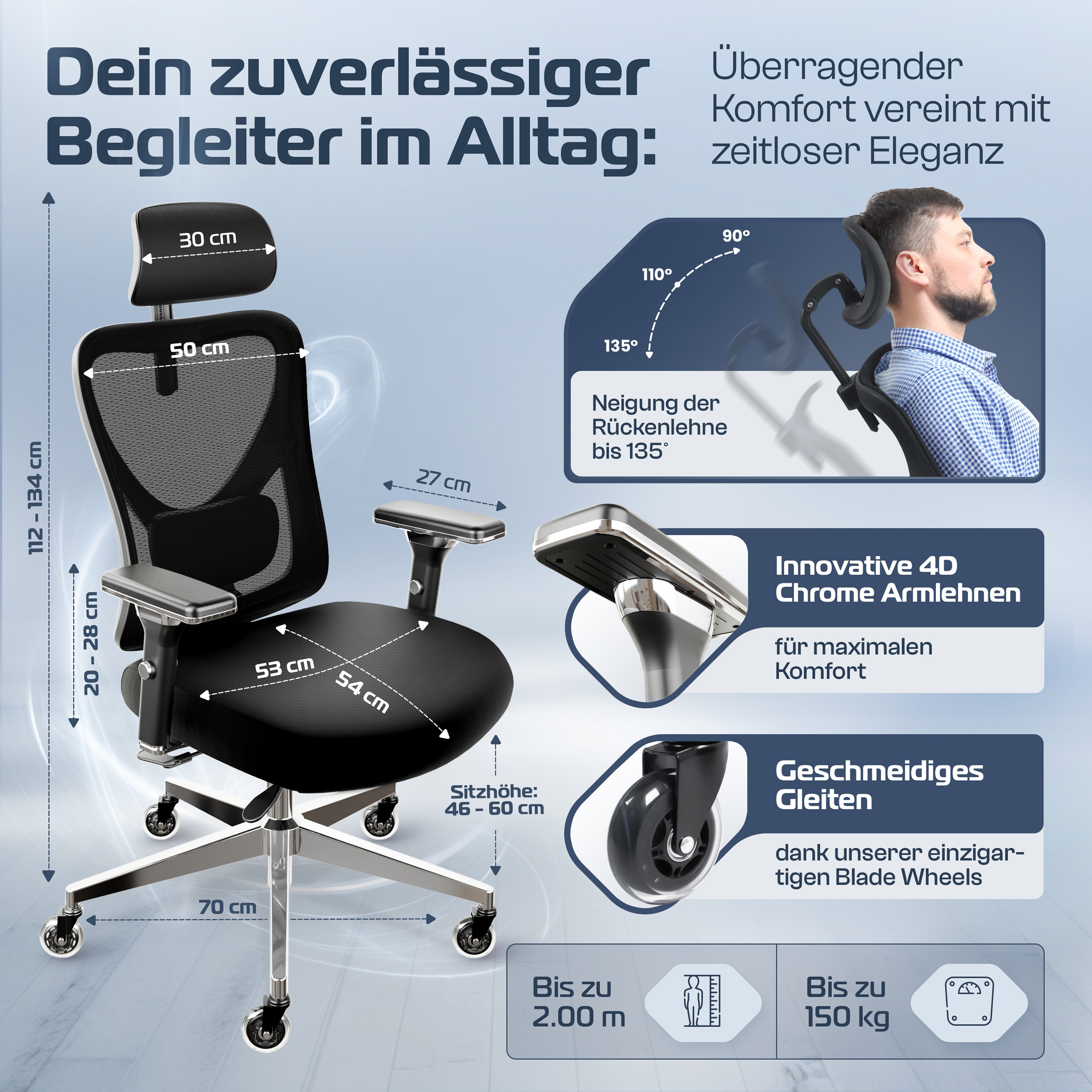 CLOUVOU Bürostuhl ergonomisch, Schreibtischstuhl bis 150 kg - Testsieger (C günstig online kaufen