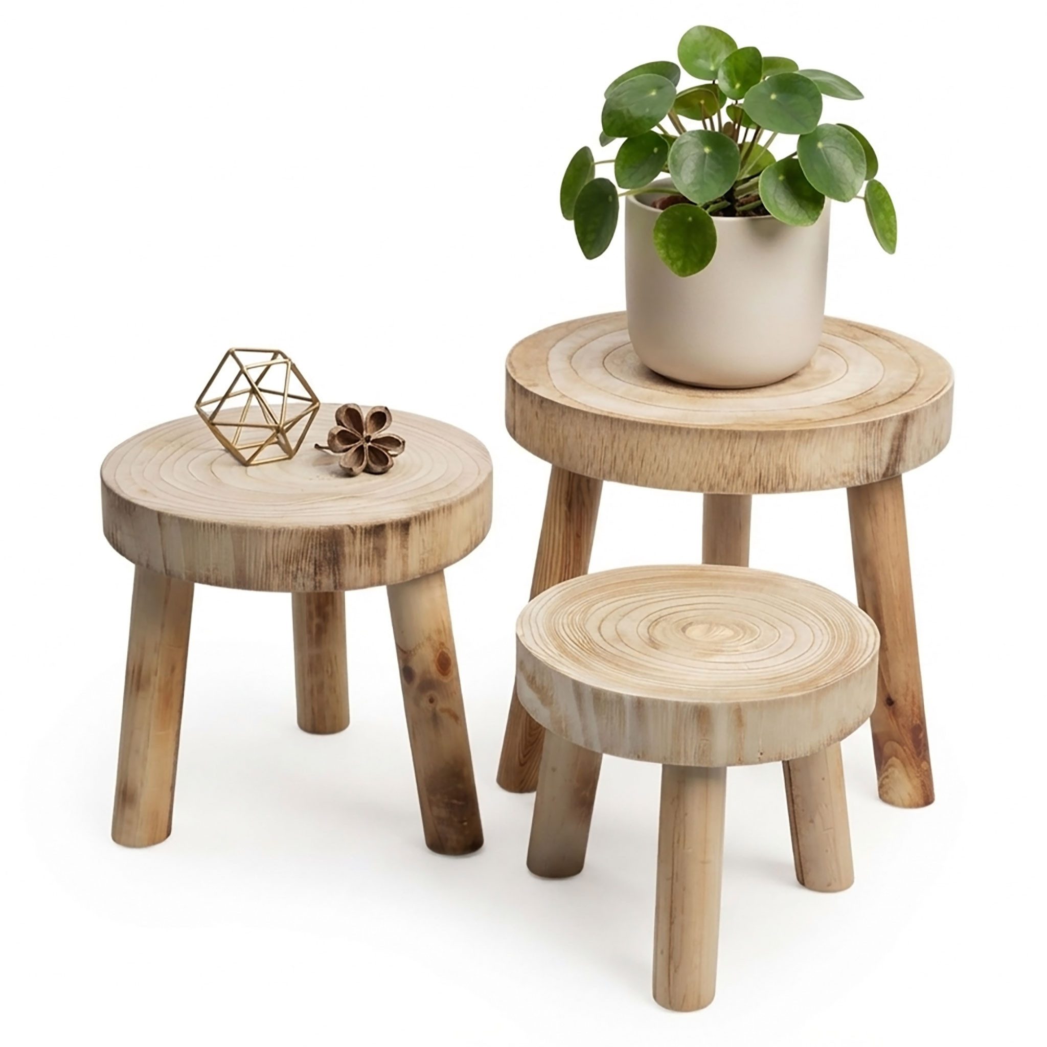 Spetebo Blumenhocker Pflanzenständer rund gebeizt 3er Set (Stück, 1 St., Set), Massivholz