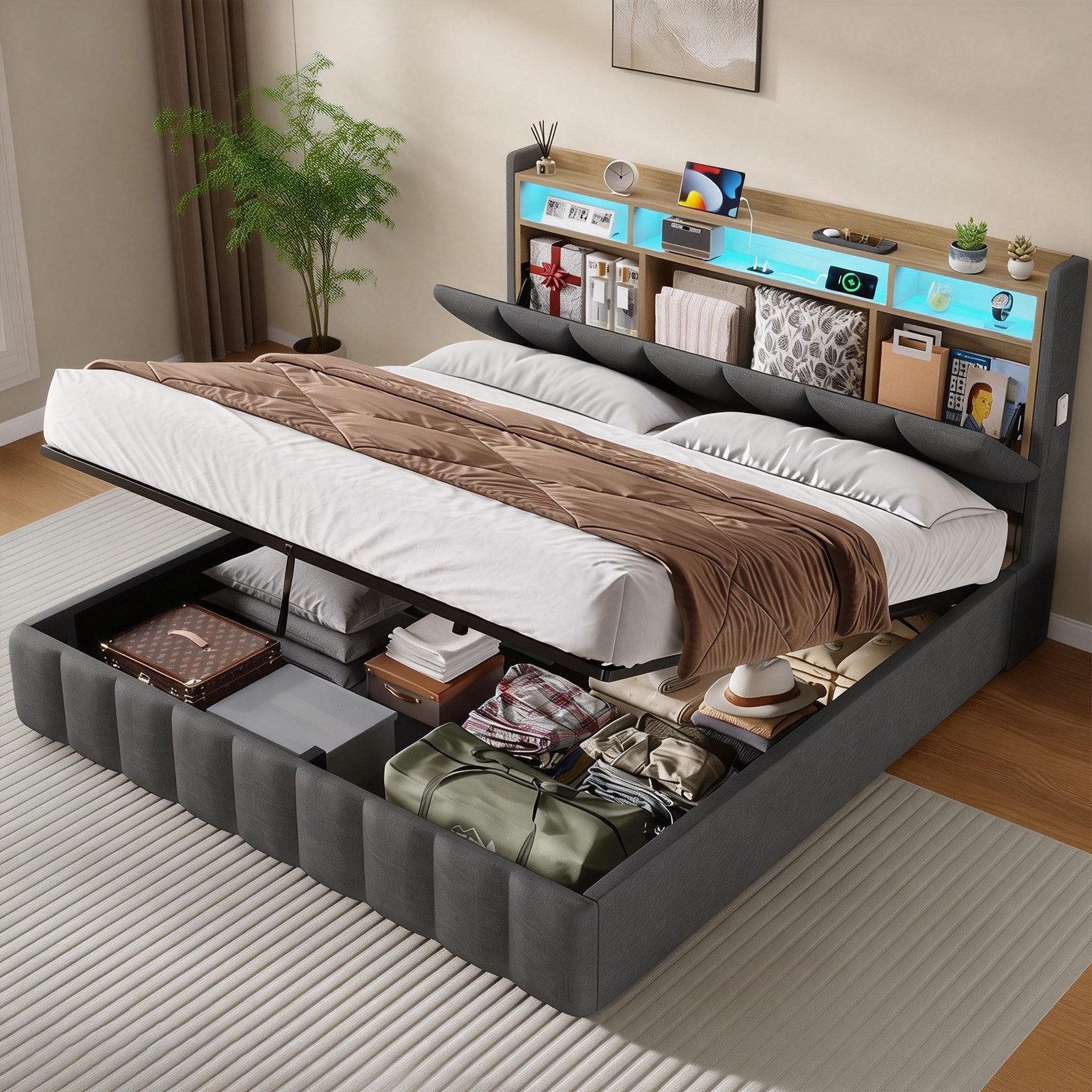 KIMENICH Polsterbett mit LED Beleuchtung und Ladefunktion (1-tlg., Ohne Matratze), Jugendbett Hydraulisches Stauraumbett, 180x200 cm